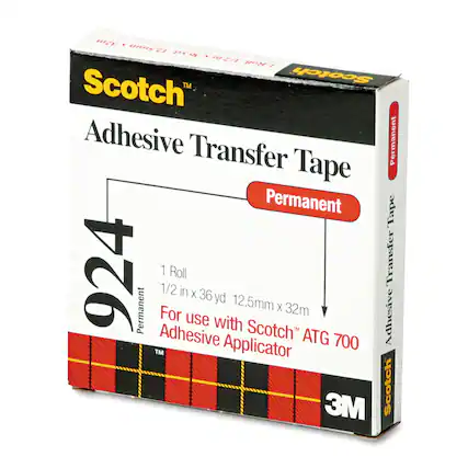 Scotch Adhesive Transfer Tape
Permanent
924
1 Roll
1/2 in x 36 yd (12.5mm x 32m)
For use with Scotch Adhesive Applicator ATG 700
3M