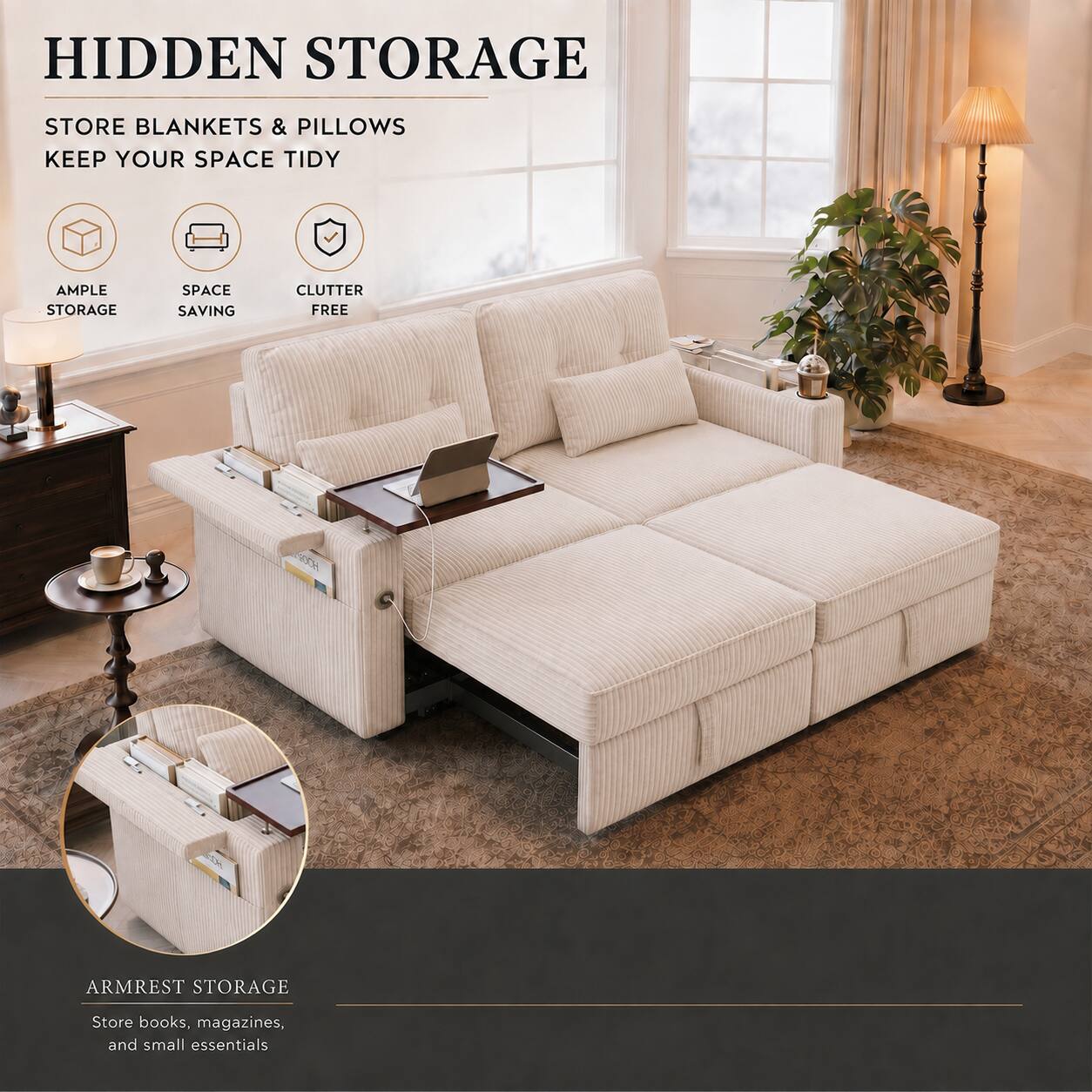 HIDDEN STORAGE

STORE BLANKETS & PILLOWS
KEEP YOUR SPACE TIDY

AMPLE STORAGE
SPACE SAVING
CLUTTER FREE

ARMREST STORAGE
Store books, magazines, and small essentials