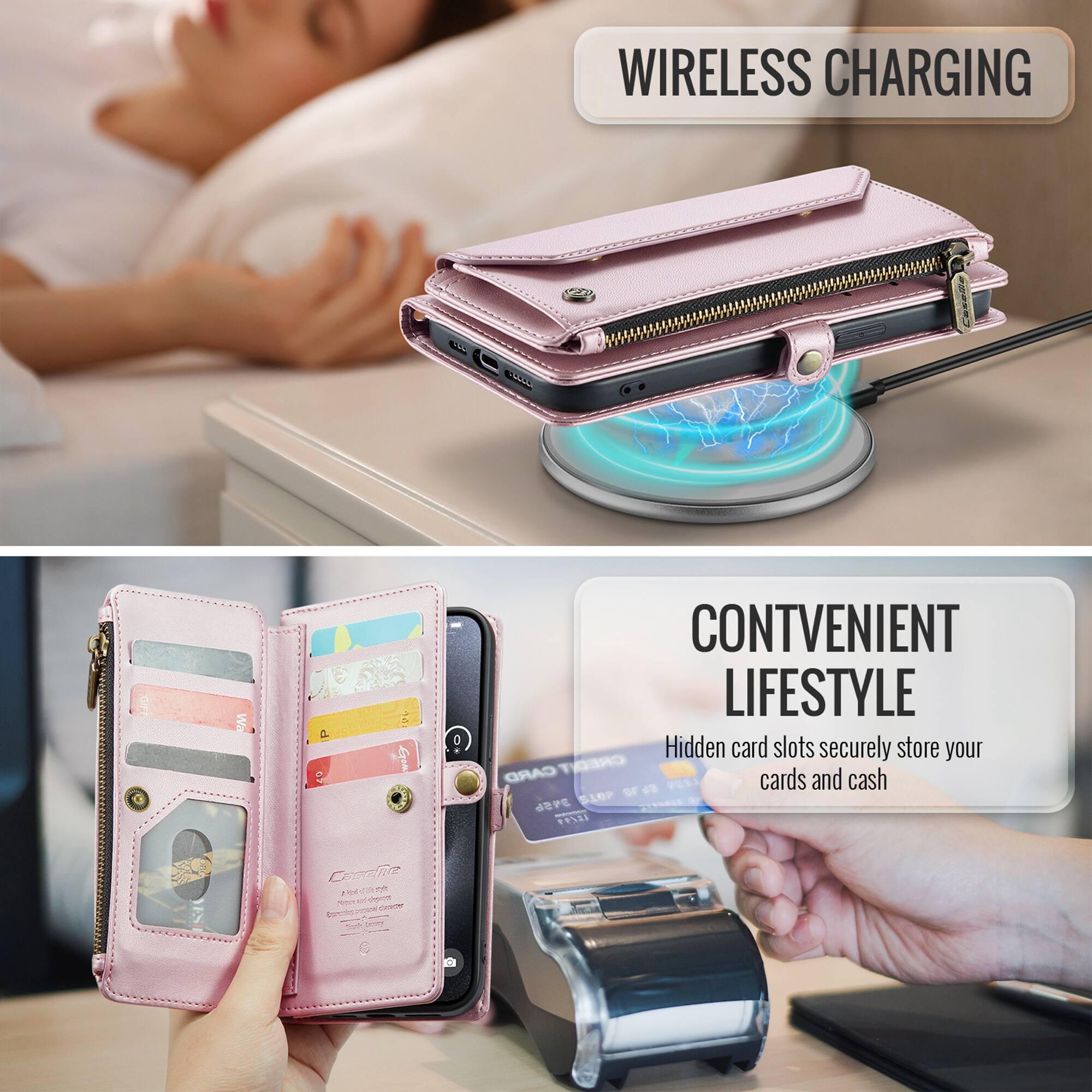 WIRELESS CHARGING

Wa
P 07
00 Loom
0

CONVENIENT LIFESTYLE
Hidden card slots securely store your CARD CREDIT cards and cash

676 PESI
3456 STOP
3789821
18/91

Casche INSTRIBUT object adidas