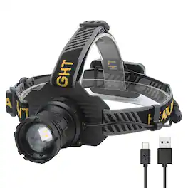 Cluzine - Dual White Yellow LED Sensor Headlamp, Zoom Rechargeable Headlight Fast Charge Power Display for Fishing Beach Outdoor - Black
