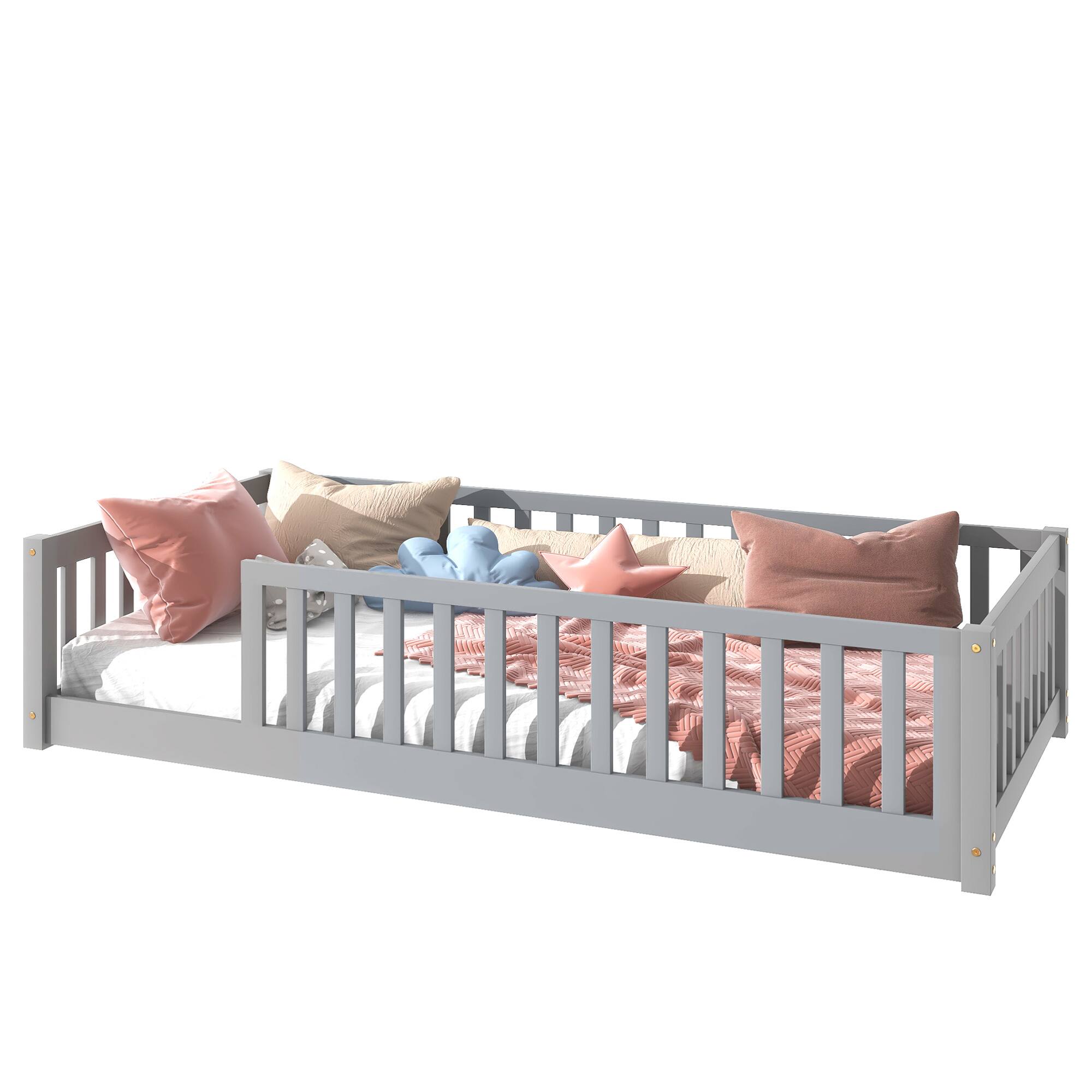 Front. GOODSILO - Twin Size Low-Profile Youth Bed with Secure Enclosure Frame, Solid Wood Construction, Neutral Finish - Grey.