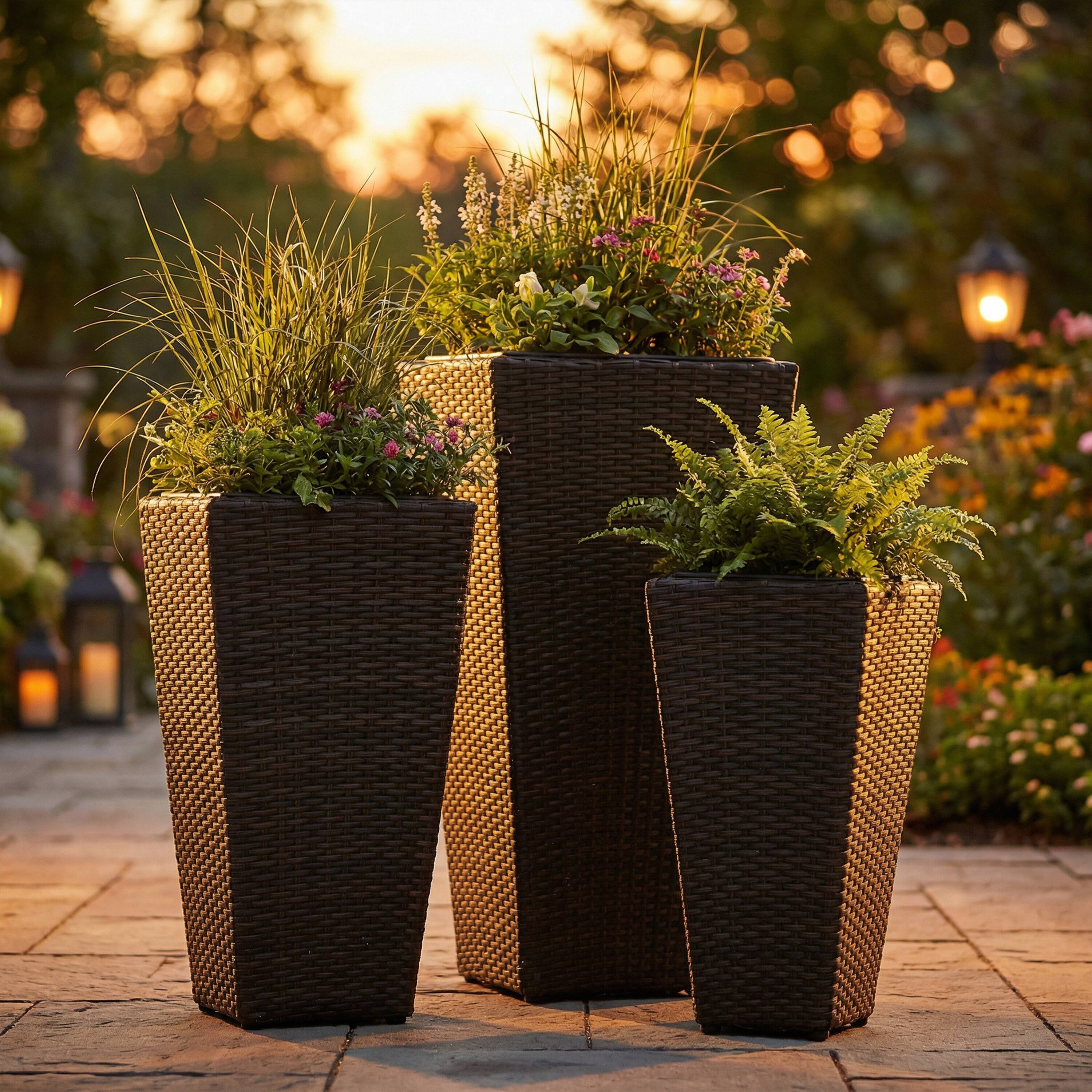 Alt View 1. Sunnydaze - Tall Square Planter - 9 in, 11.5 in, 15 in - Set of 3 - Brown.