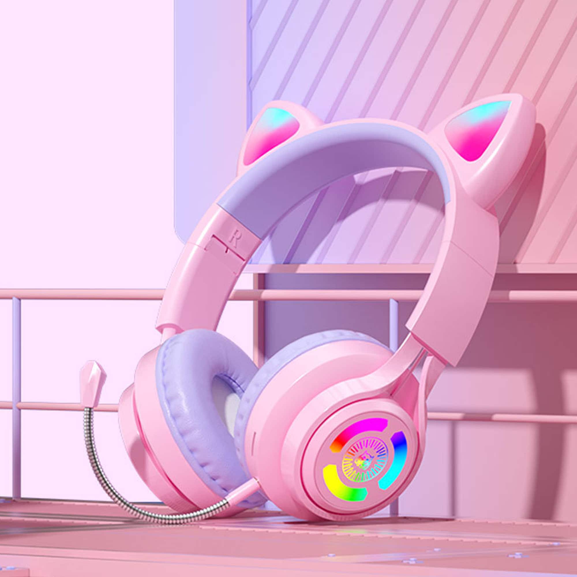 YONWAY - RGB Lighting Headphone, Cat Ear Gaming Headset, Foldable Over-Ear Wireless Bluetooth Headphones with Microphone