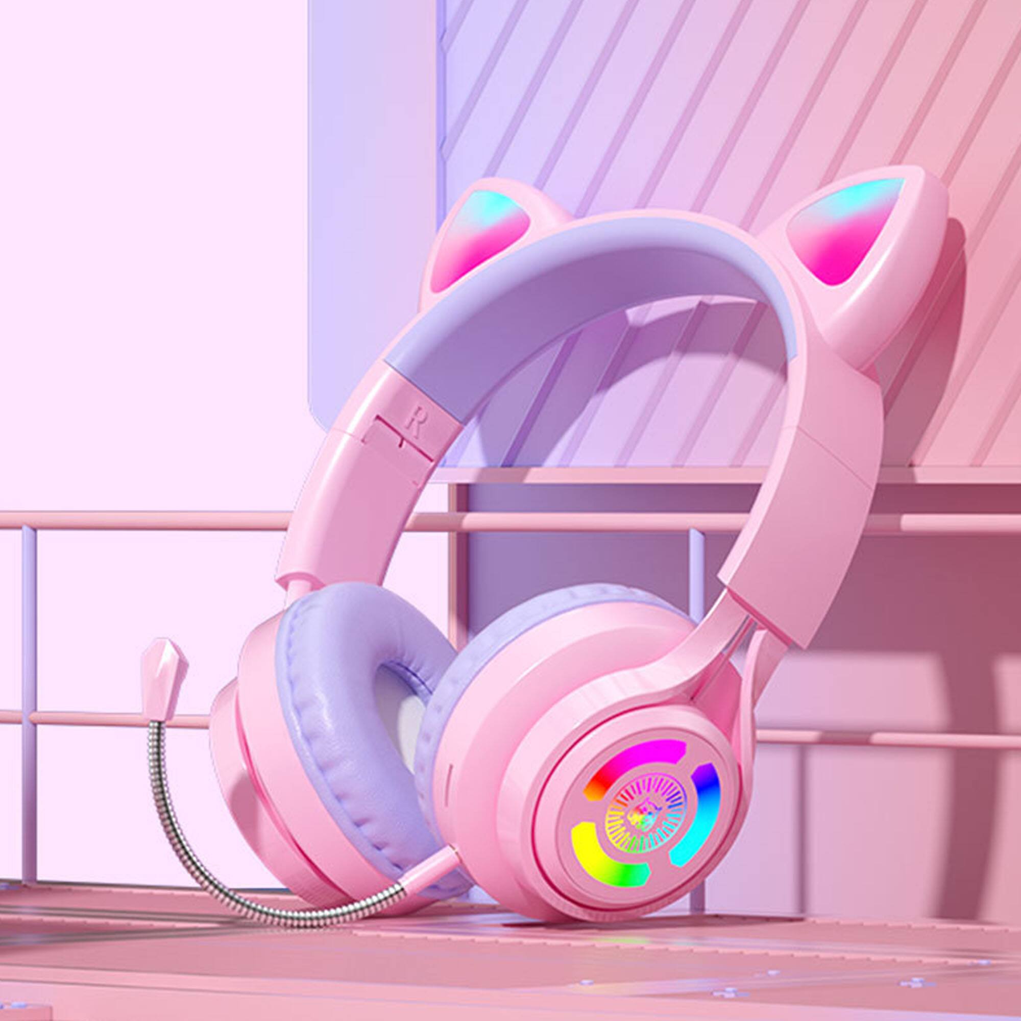 Front. YONWAY - RGB Lighting Headphone, Cat Ear Gaming Headset, Foldable Over-Ear Wireless Bluetooth Headphones with Microphone.