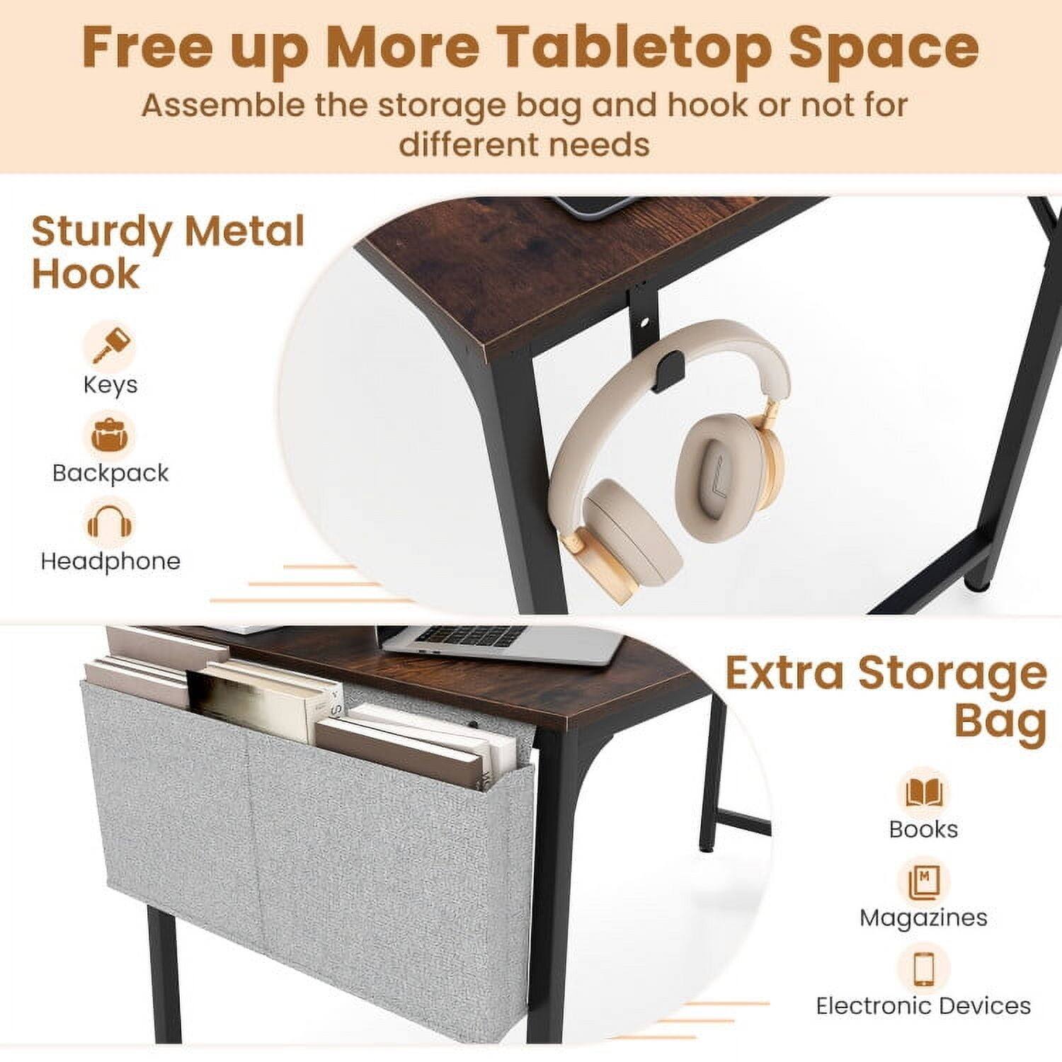 Free up More Tabletop Space  
Assemble the storage bag and hook or not for different needs  

Sturdy Metal Hook  
- Keys  
- Backpack  
- Headphone  

Extra Storage Bag  
- Books  
- Magazines  
- Electronic Devices