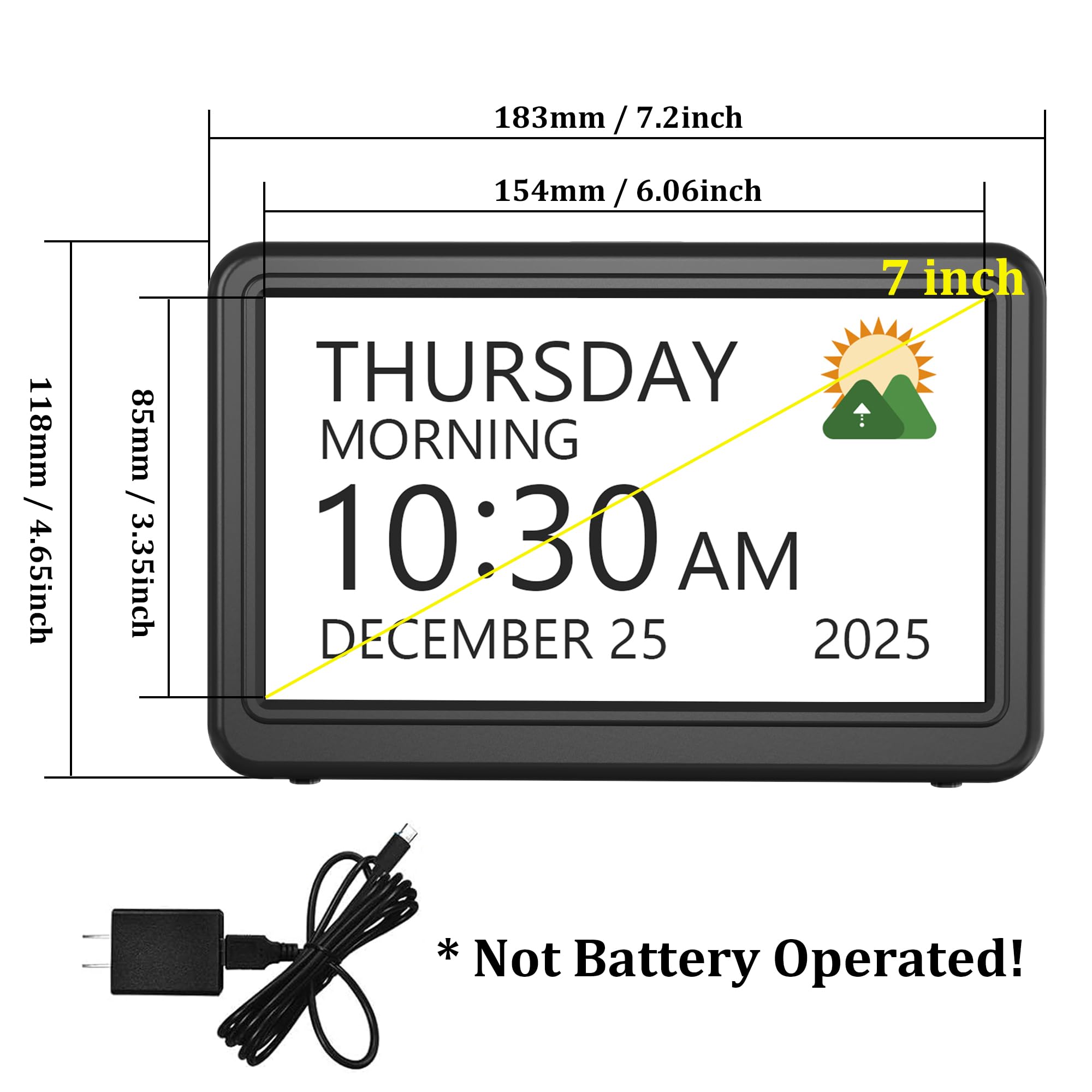 183mm / 7.2 inch  
154mm / 6.06 inch  
118mm / 4.65 inch  
85mm / 3.35 inch  

THURSDAY MORNING  
10:30 AM  
DECEMBER 25  
2025  

* Not Battery Operated!