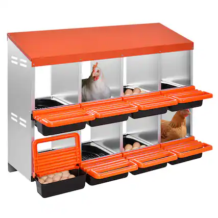 Front. VEVOR - 2 Tiers Chicken Nesting Boxes,8 Compartments,Metal Egg Laying Boxes with Protective Collection Lids,Roll Out Nesting Box - Orange + Galvanized Steel Natural Color + Black.