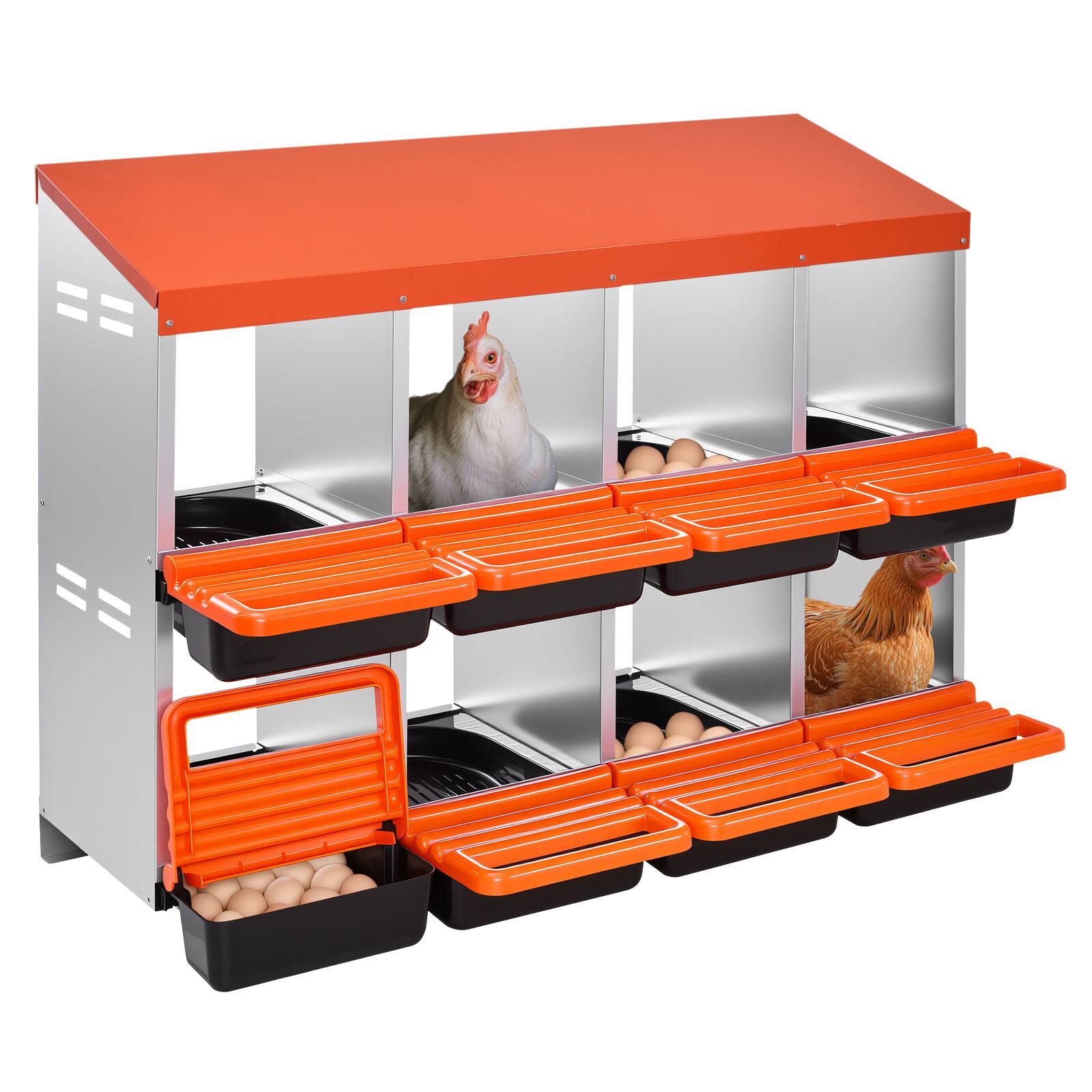 Front. VEVOR - 2 Tiers Chicken Nesting Boxes,8 Compartments,Metal Egg Laying Boxes with Protective Collection Lids,Roll Out Nesting Box - Orange + Galvanized Steel Natural Color + Black.