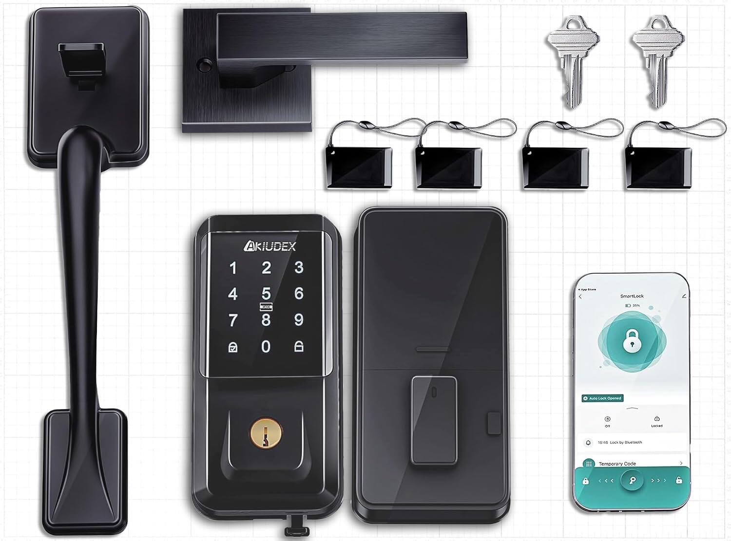 AKIUDX 1 2 3 4 5 6 7 8 9 0

SmartLock
- Auto Lock Opened
- 16:05 Lock by Bluetooth
- Temporary Code