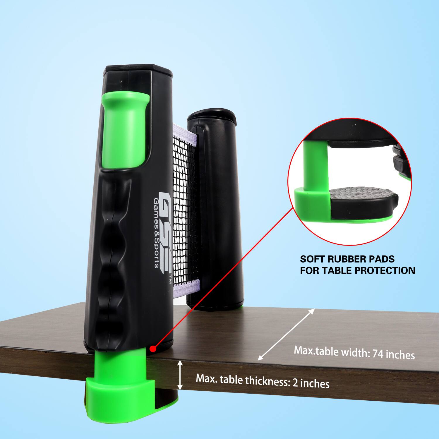 Games &Sports SS0 i SOFT RUBBER PADS FOR TABLE PROTECTION Max.table width: 74 inches Max. table thickness: 2 inches