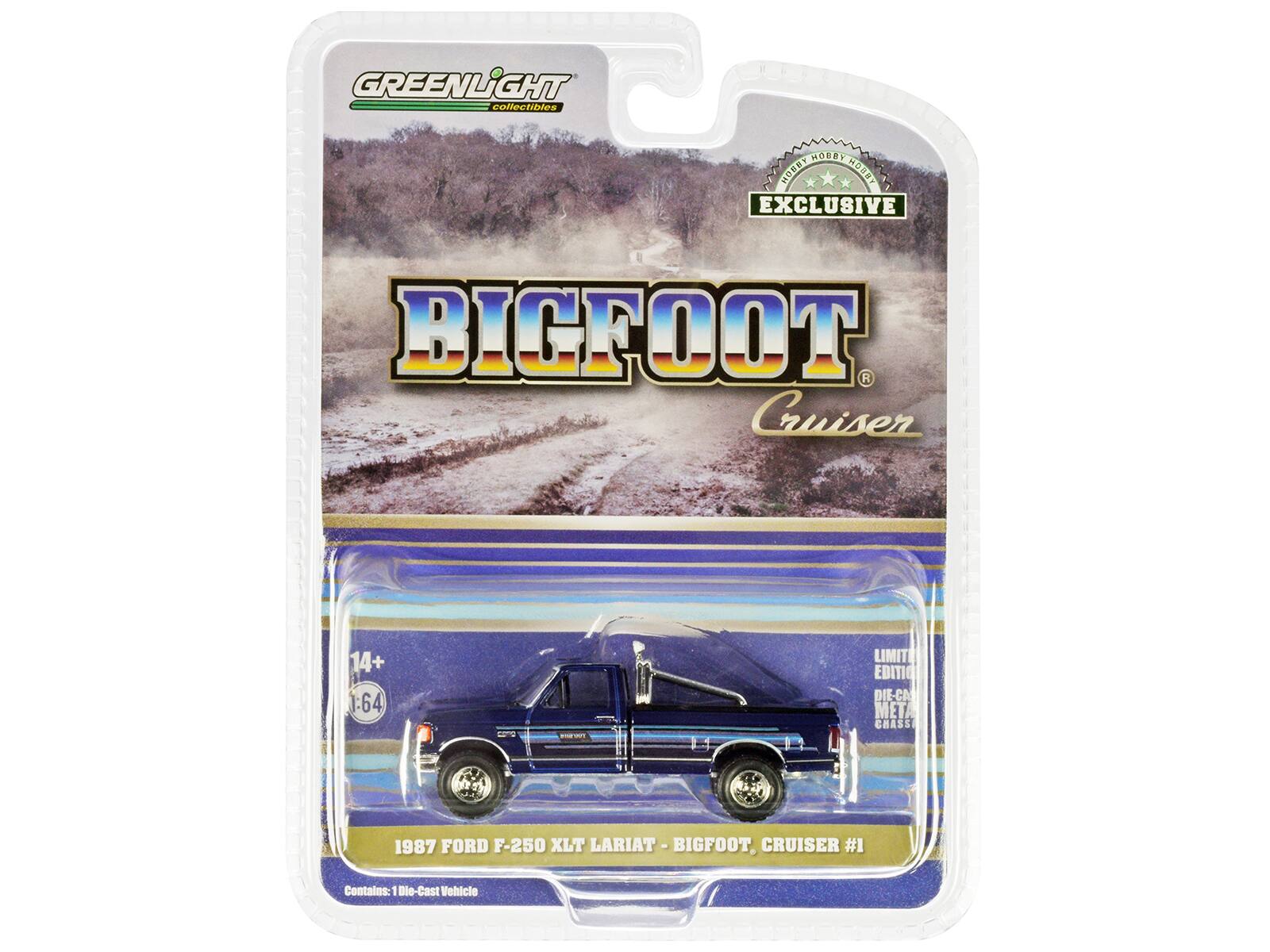 GREENLiGHT collectibles  
BIGFOOT Cruiser  
EXCLUSIVE  
14+ 1:64  
LIMITED EDITION DIE-CAST METAL CHASSIS  
1987 FORD F-250 XLT LARIAT - BIGFOOT, CRUISER #1  
Contains: 1 Die-Cast Vehicle