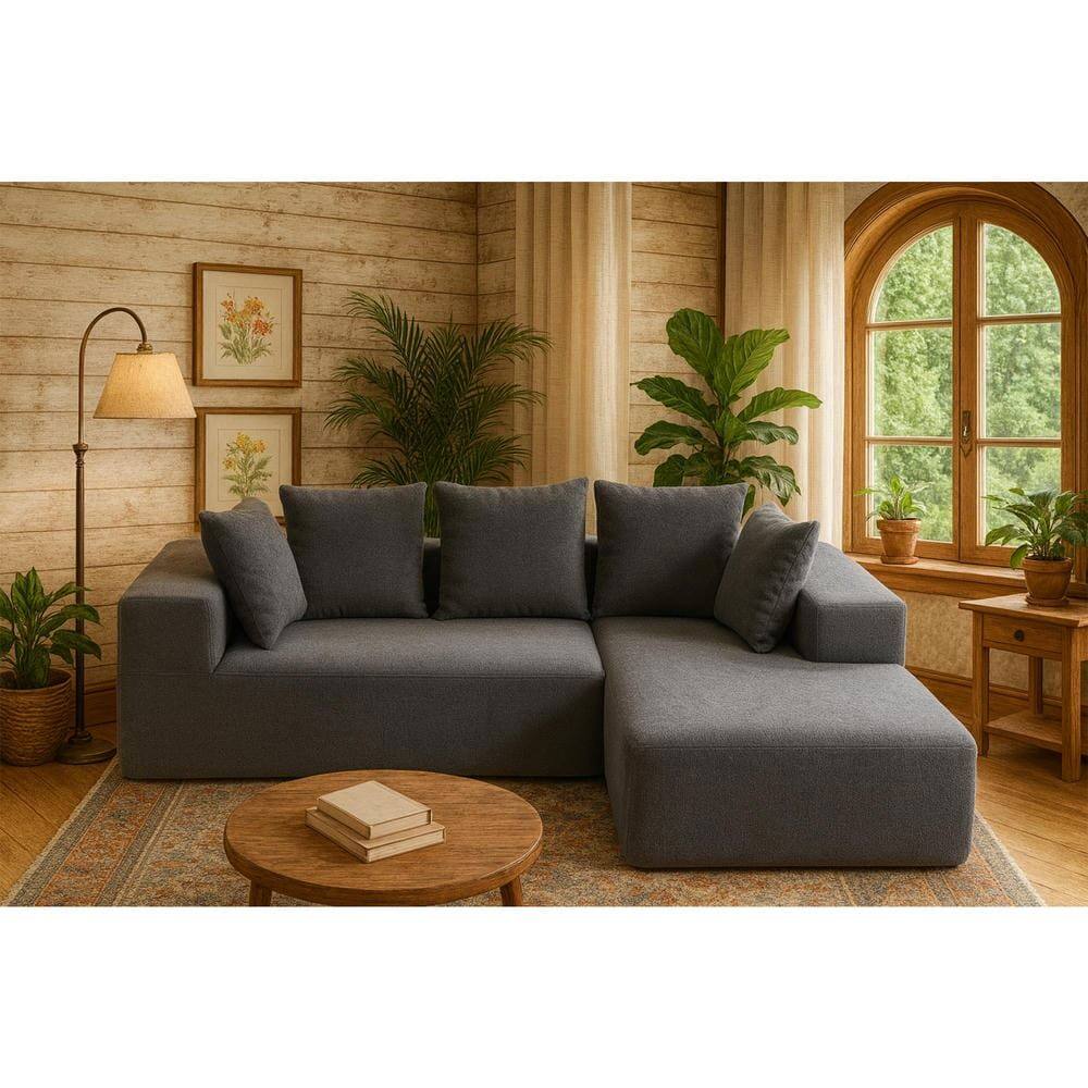 Alt View 4. Kadyn - L-Shaped Full Foam Sectional Sofa, 5 Pillows, Compressed Shipping, Flannelette, Space Saving Design, Gray-Blue - Gray.