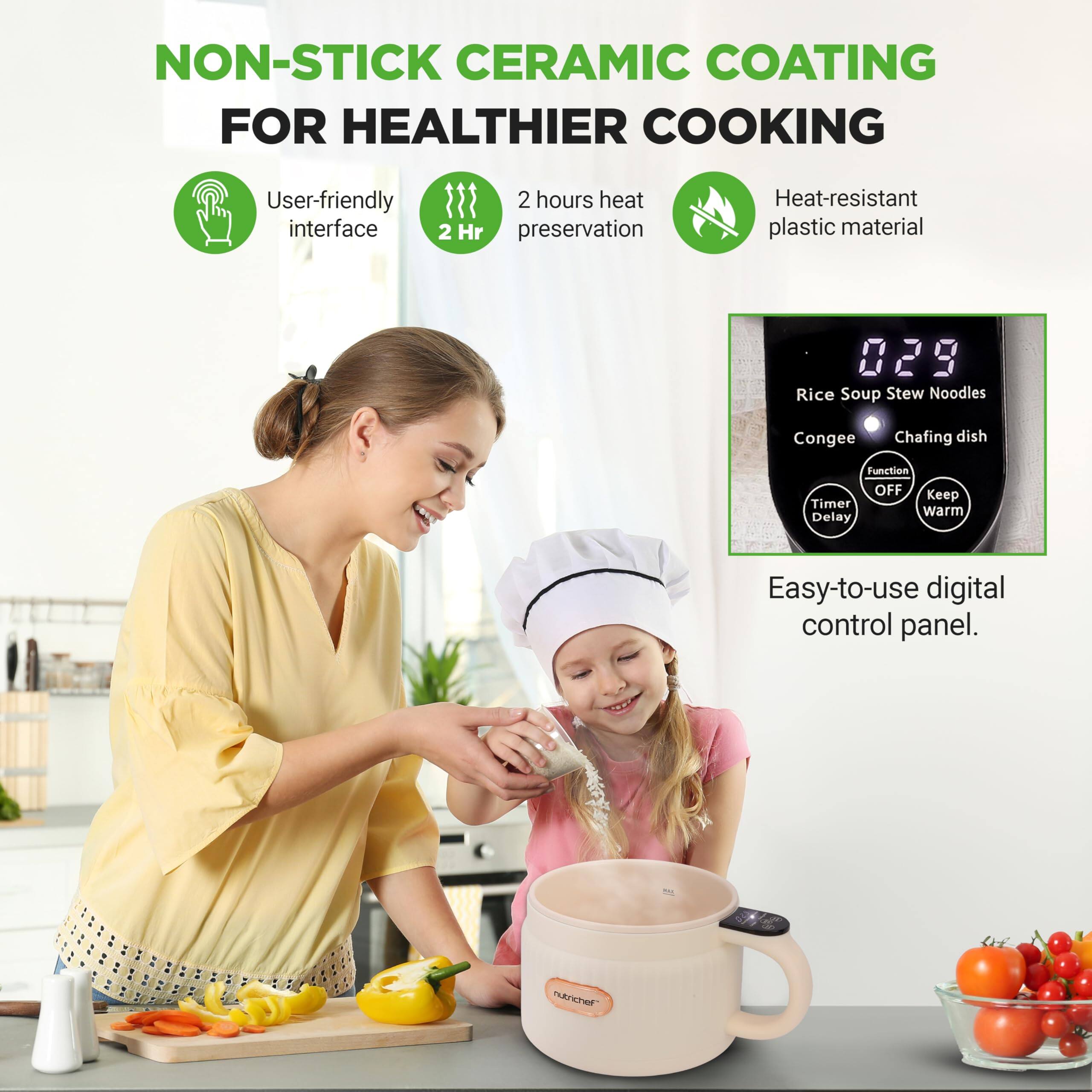 NON-STICK CERAMIC COATING FOR HEALTHIER COOKING

- User-friendly interface
- 2 hours heat preservation
- Heat-resistant plastic material

029 Rice Soup Stew Noodles Congee Chafing dish

Function OFF Keep Timer Delay

Easy-to-use digital control panel.