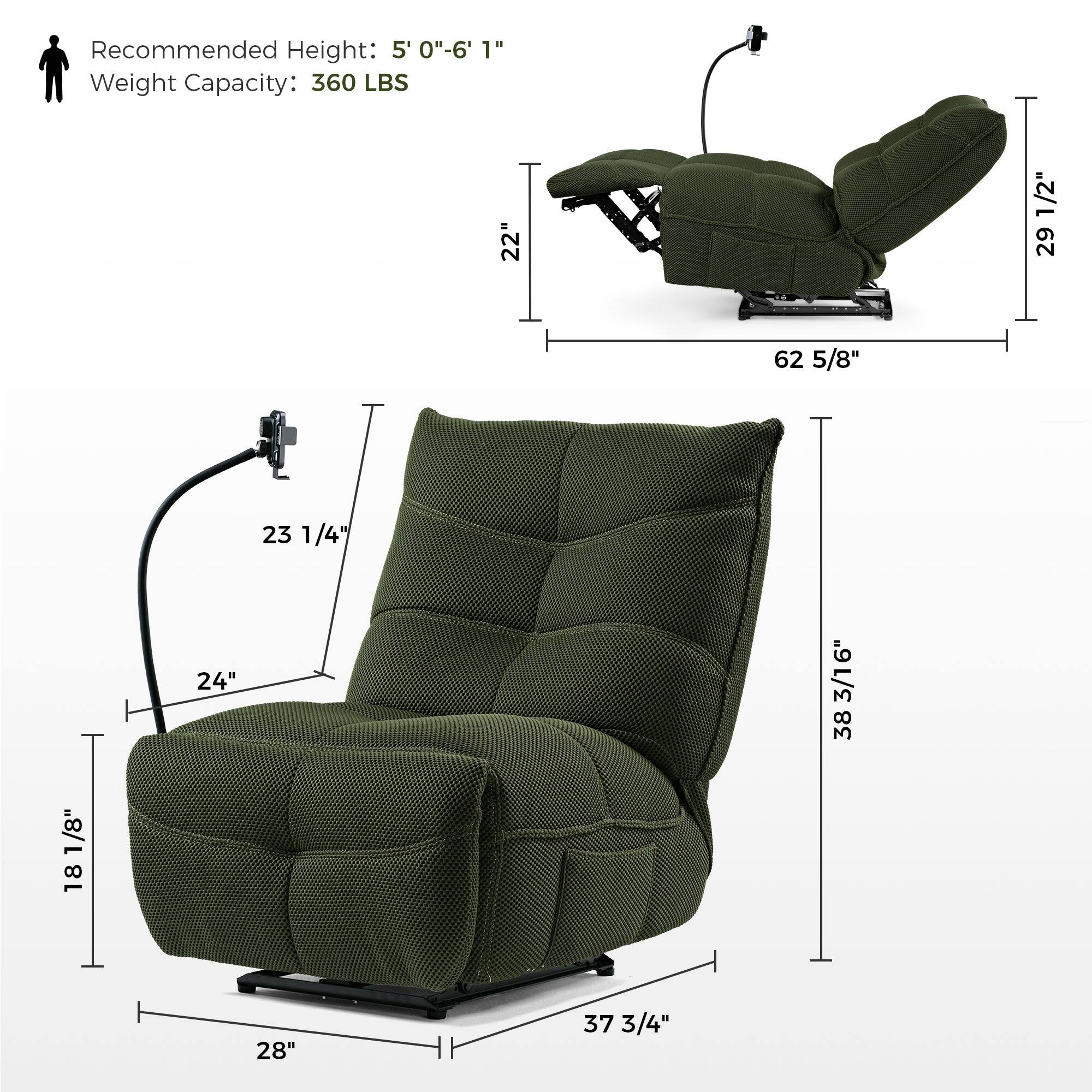 Recommended Height: 5' 0"-6' 1" Weight Capacity: 360 LBS

22" 29" 62 5/8" 23 1/4" 24" 38 1/8" 18" 28" 37 3/4"