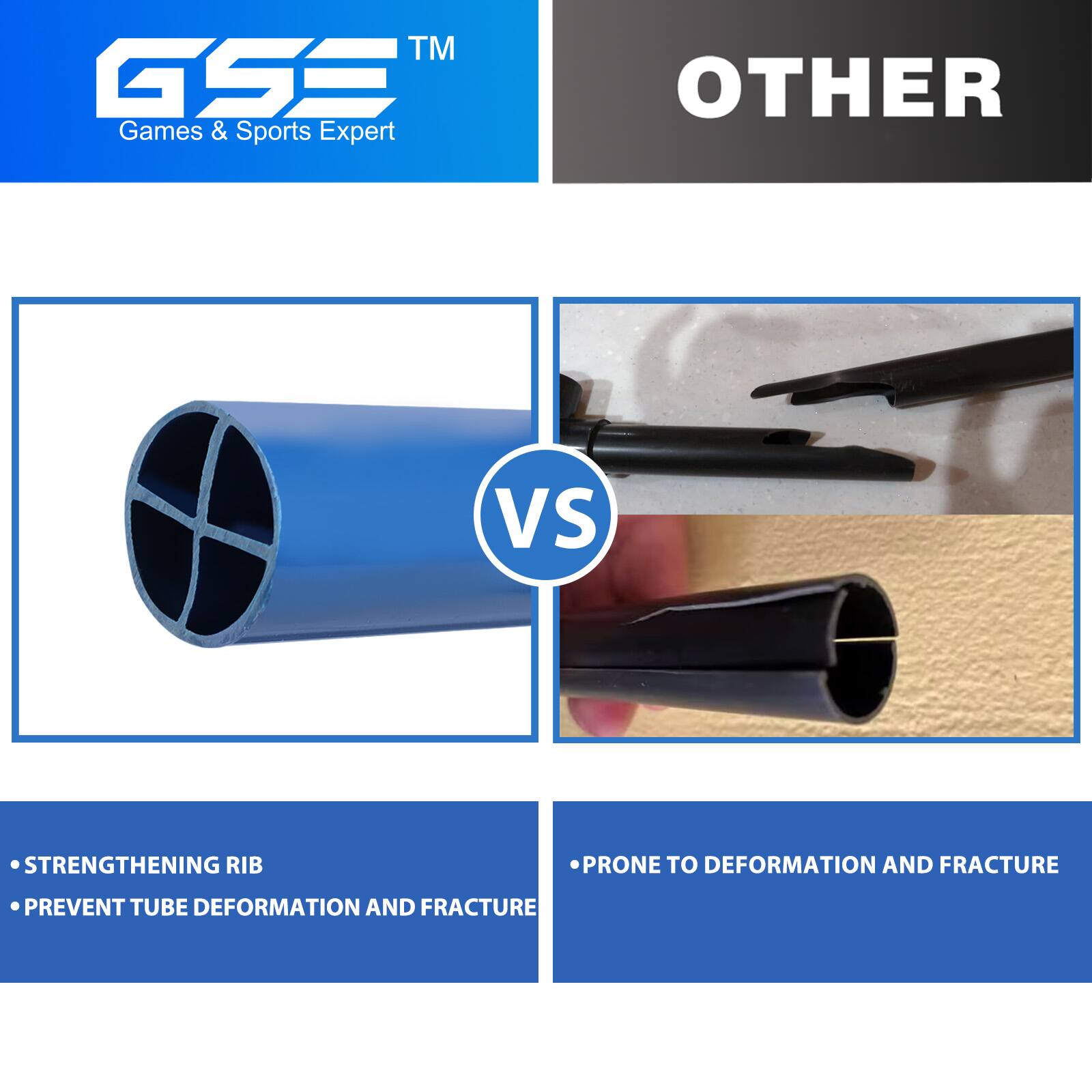 GSE™  
Games & Sports Expert

OTHER

VS

- STRENGTHENING RIB  
- PREVENT TUBE DEFORMATION AND FRACTURE

- PRONE TO DEFORMATION AND FRACTURE