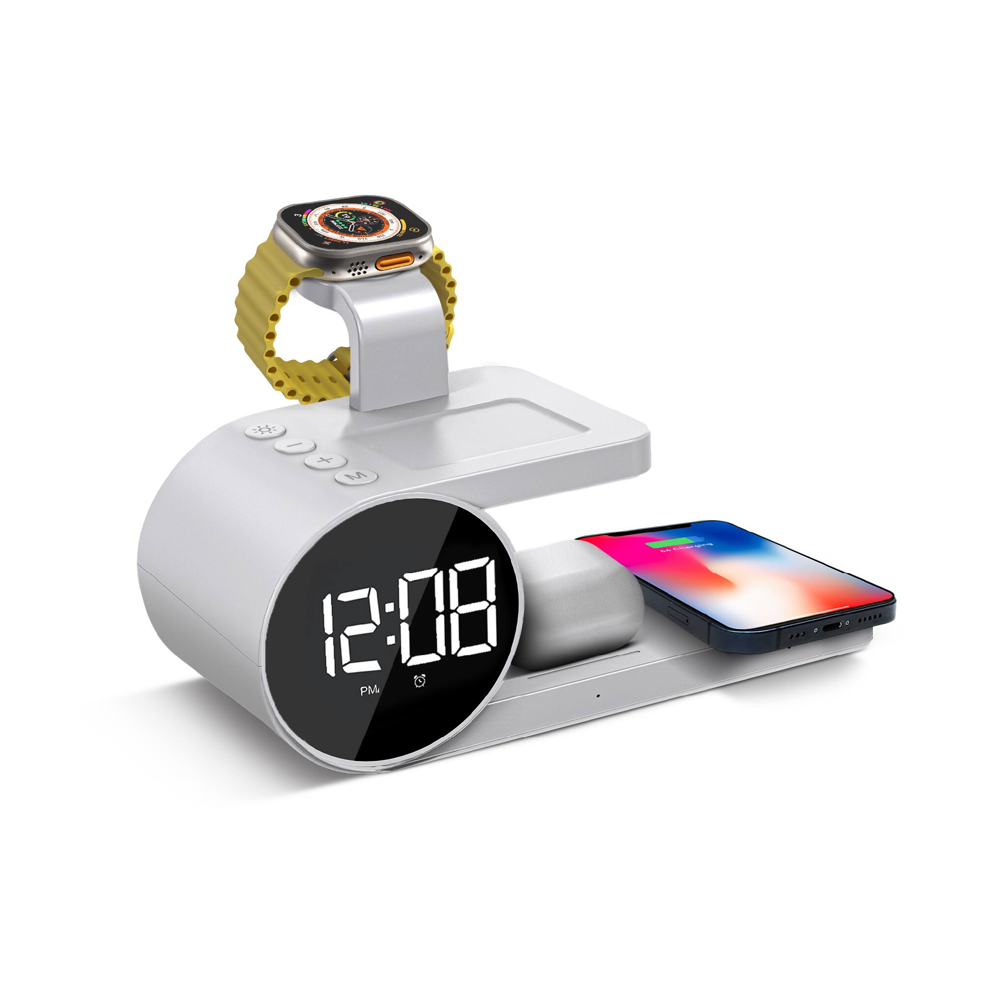 Brookstone - 15W 3-in-1 Wireless Charging Alarm Clock Stand for iPhone/Android, Airpods, Apple Watch - White