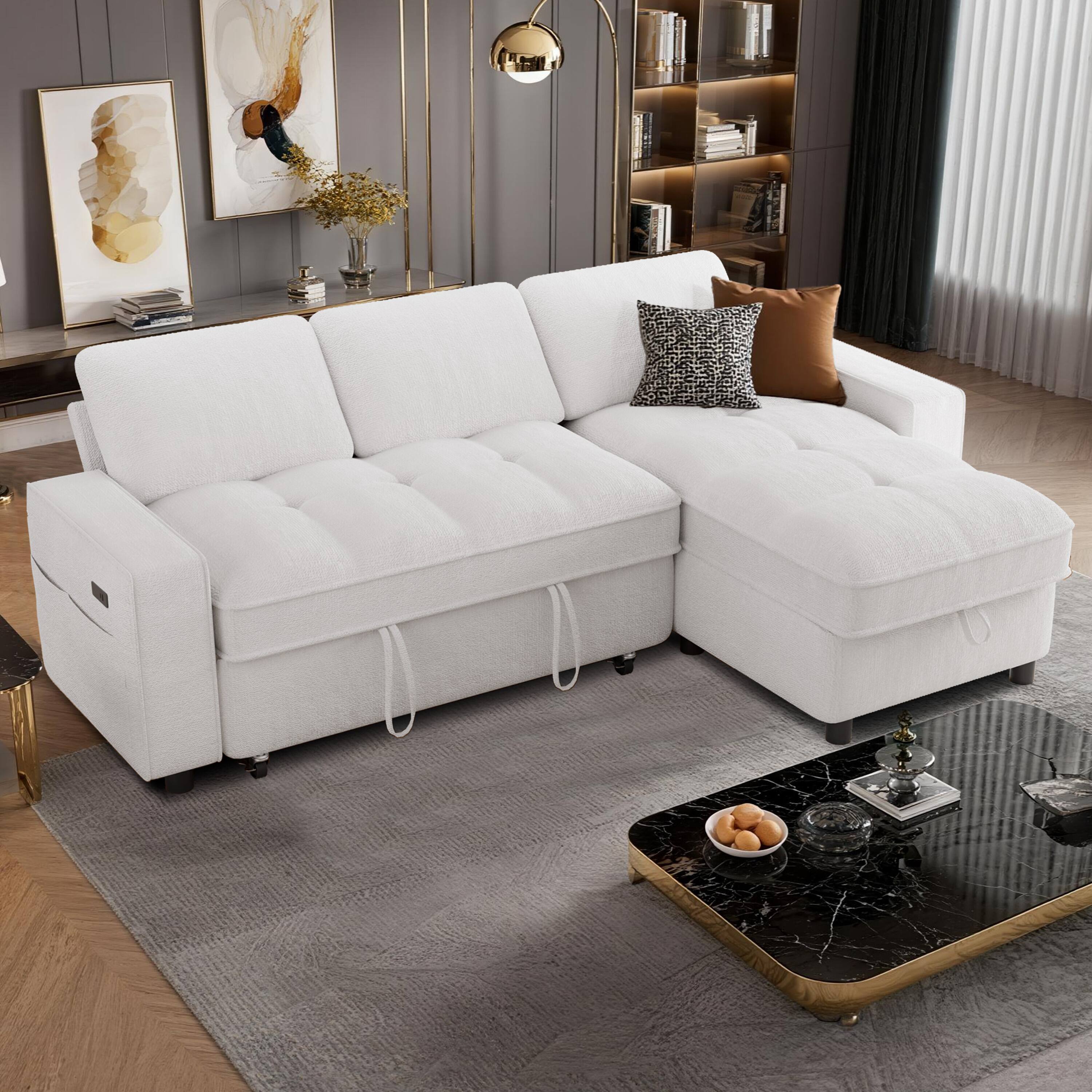 Angle. Dyonery - 81" L Shaped Couch Sleeper Sofa, Pull Out Couch with Reclining Backrest, Reversible Storage Chaise, USB Ports - Beige.