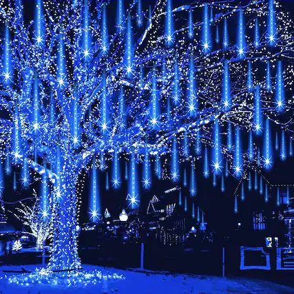 Front. MOSZAR LLC - Blue, 12-inch, eight-tube Meteor Shower Lights for Outdoor Christmas Decorations - BLUE.