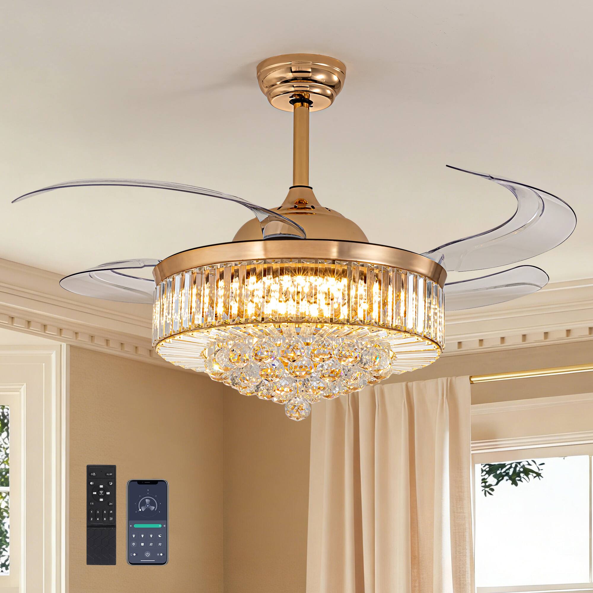 Angle. Siljoy - 48-Inch Gold Modern Crystal Retractable Ceiling Fan with LED Light for Living Room Bedroom Kitchen - Gold.
