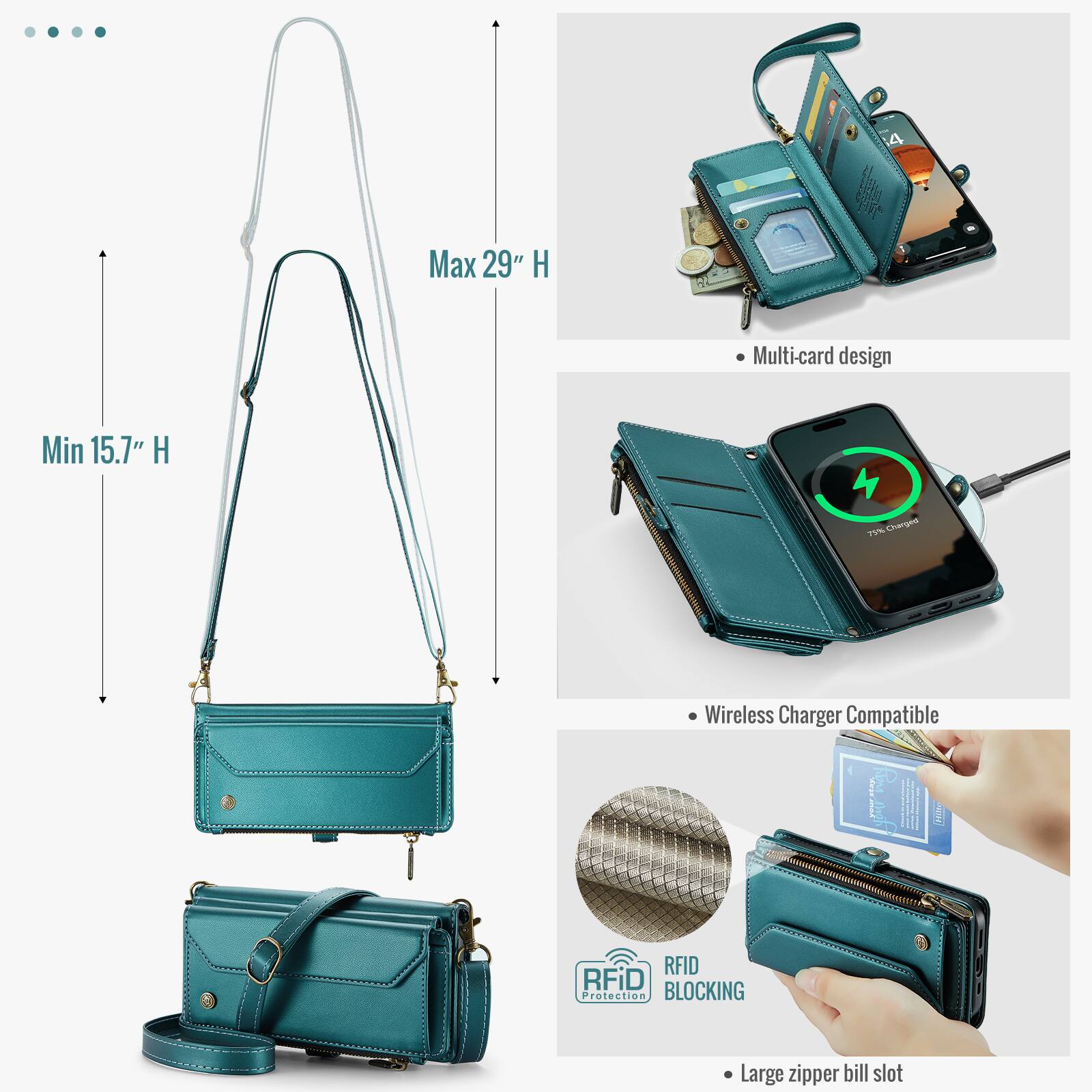 - Max 29" H
- Min 15.7" H
- Multi-card design
- 75% Charged
- Wireless Charger Compatible
- RFID BLOCKING Protection
- Large zipper bill slot