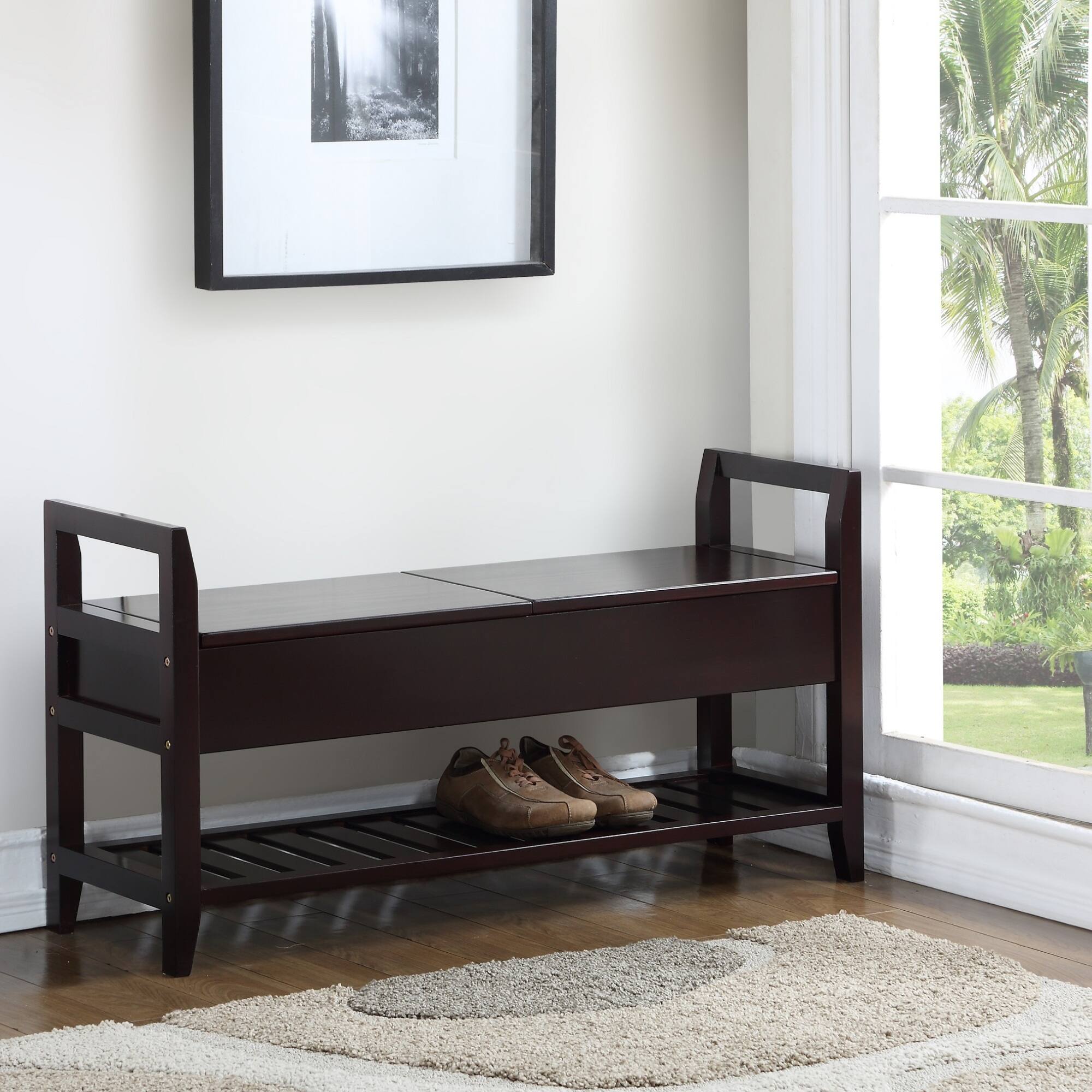 Left. GOODSILO - Espresso Wood Storage Bench with Shoe Rack and Upholstered Seating for Entryway Organization - Espresso.