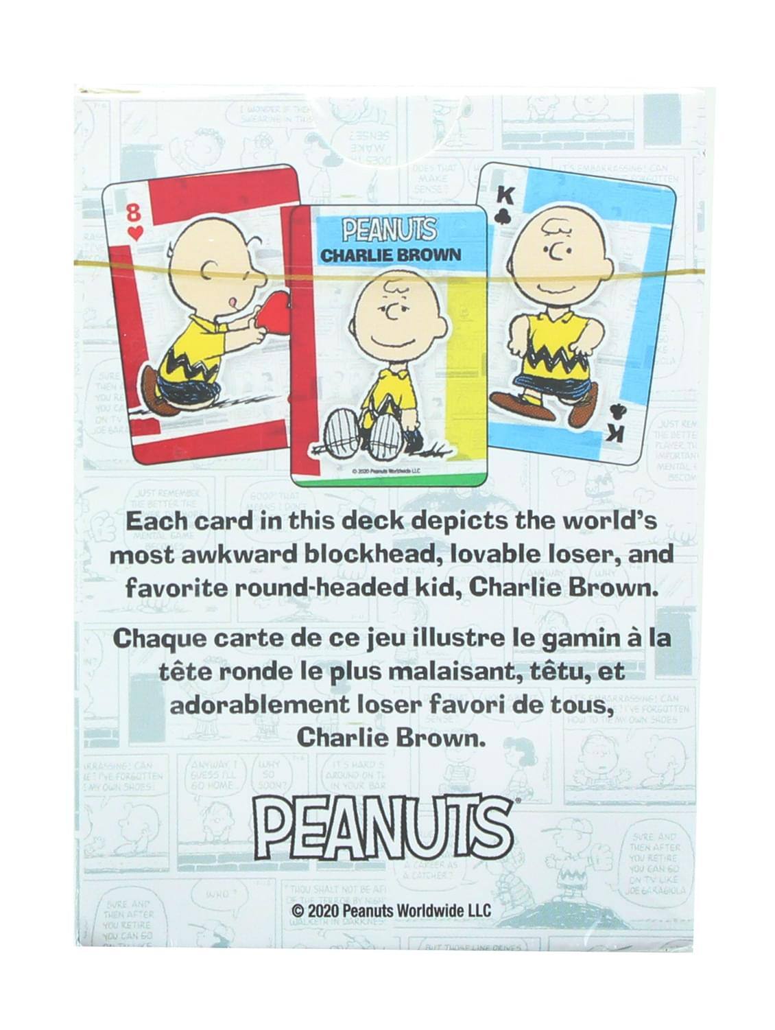 Sure, here is the corrected and grouped text from the image:

---

**Peanuts**

**Charlie Brown**

Each card in this deck depicts the world's most awkward blockhead, lovable loser, and favorite round-headed kid, Charlie Brown.

Chaque carte de ce jeu illustre le gamin à la tête ronde le plus malaisant, têtu, et adorabement loser favori de tous, Charlie Brown.

© 2020 Peanuts Worldwide LLC

---

This text is from the packaging of a deck of cards featuring Charlie Brown from the Peanuts comic strip.