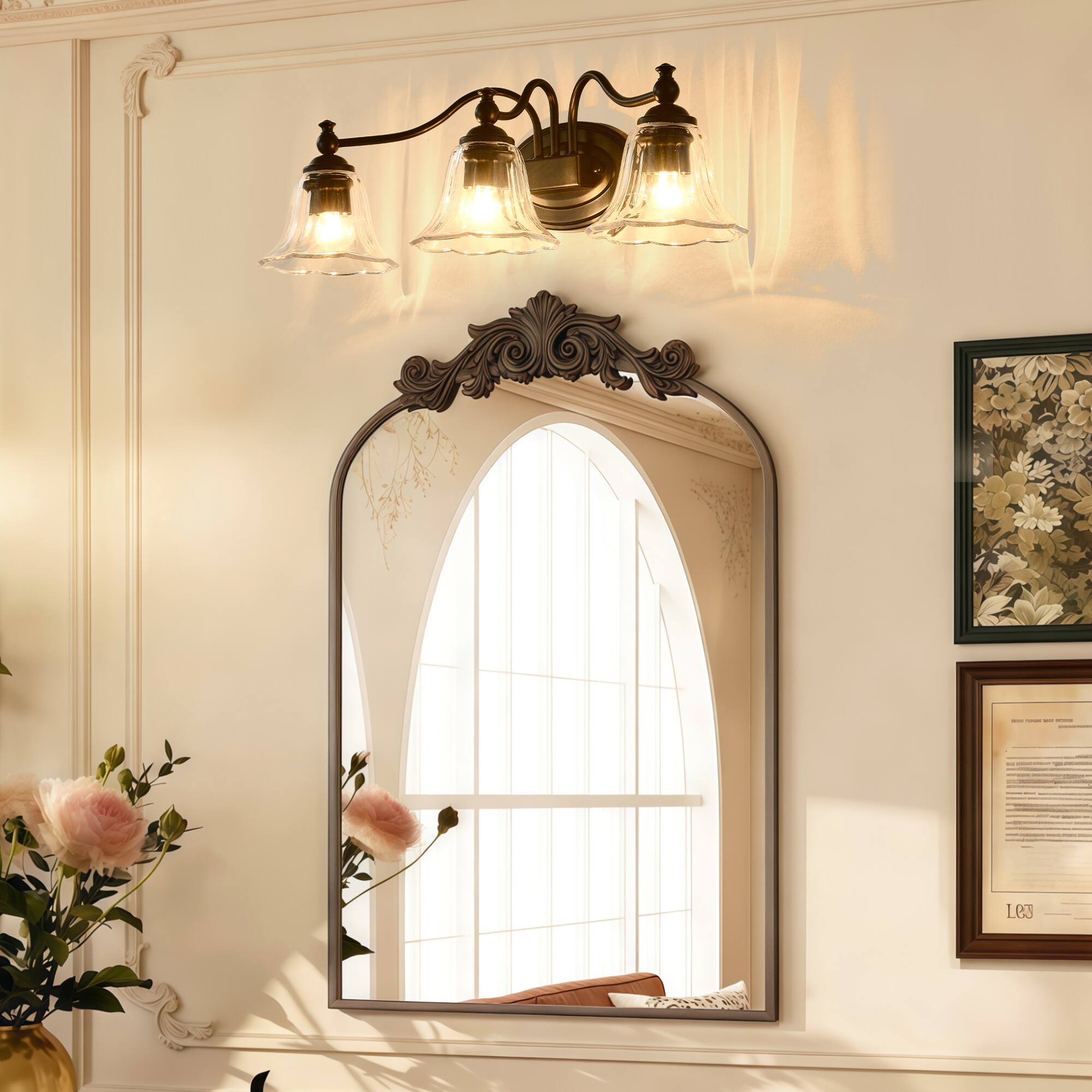 Alt View 1. RYHNUYNE - 3-Light Bathroom Vanity Light Fixture,Vanity Light with Crystal Glass Shade,Farmhouse Wall Mount Lighting Over Mirror - Black.