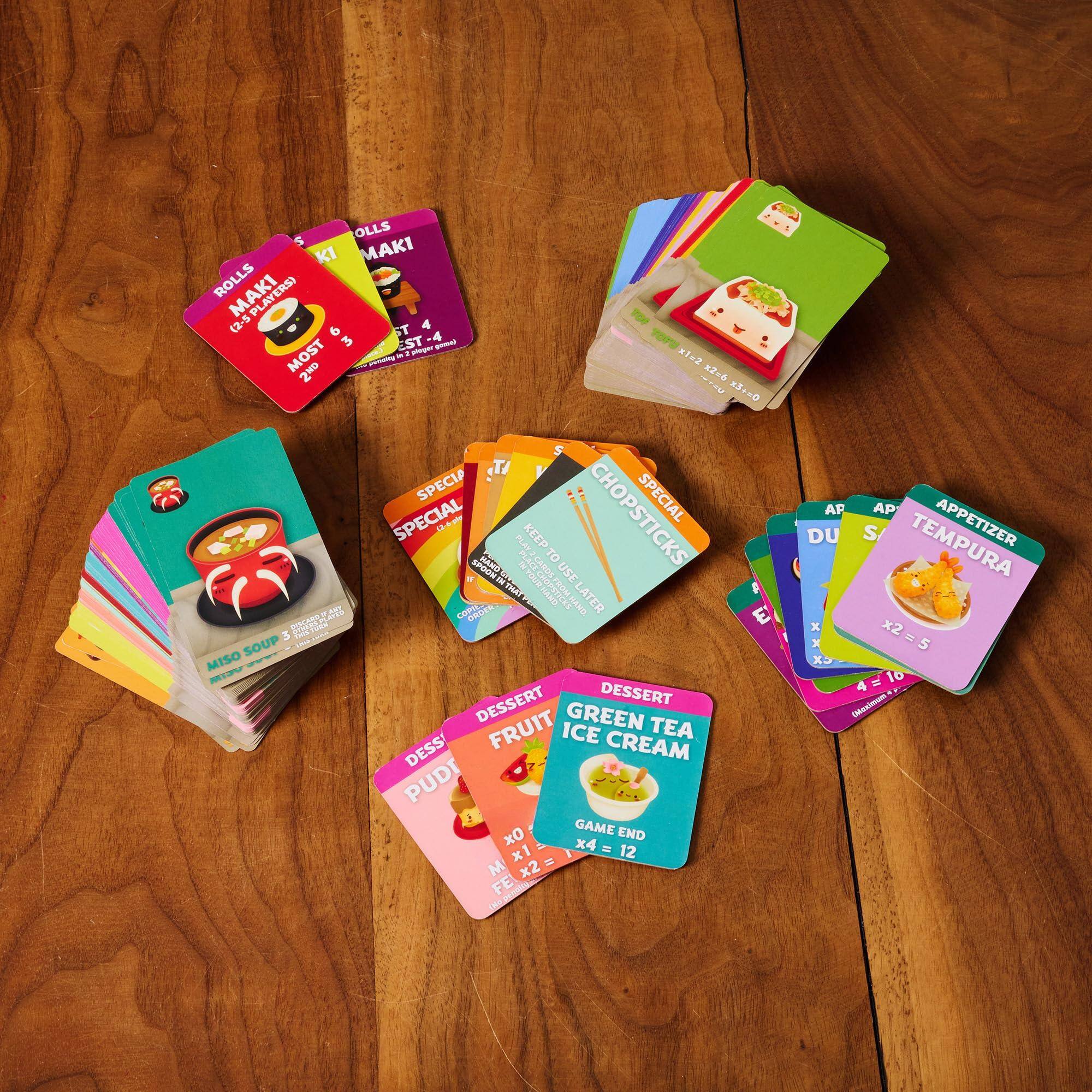 Sure, here is the corrected and grouped text from the image:

---

**ROLLS MAKI (2-5)**  
- MOST 20

**ROLLS MAKI (2-5)**  
- MOST 20

**SPECIAL**  
- CHOPSTICKS  
- USE THAT LATER

**SPECIAL**  
- MISO SOUP  
- 3

**APPETIZER**  
- TEMPURA  
- x2 = 5

**DESSERT**  
- FRUIT  
- x0 x4 x1 = 12

**DESSERT**  
- GREEN TEA ICE CREAM  
- GAME END  
- x0 x4 x1 = 12

**DESSERT**  
- PUDI  
- x0 x2 = 5

**APPETIZER**  
- DU  
- x2 = 5

**APPETIZER**  
- S  
- x2 = 5

**APPETIZER**  
- TEMPURA  
- x2 = 5

**SPECIAL**  
- CHOPSTICKS  
- USE THAT LATER

**SPECIAL**  
- MISO SOUP  
- 3

**APPETIZER**  
-