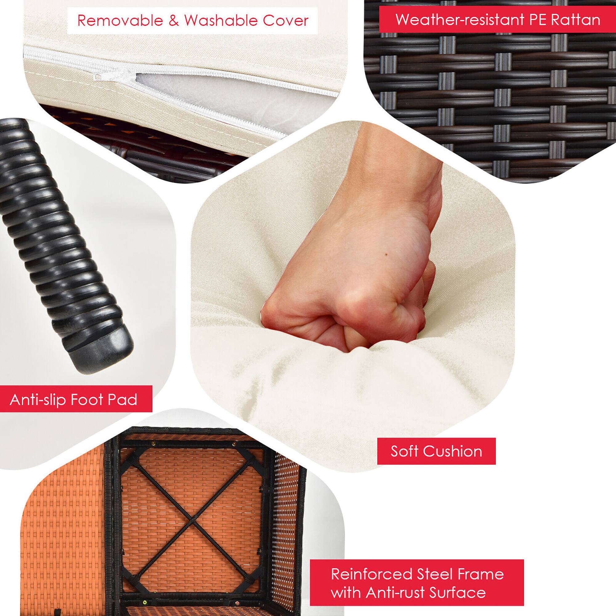 Removable & Washable Cover, Weather-resistant PE Rattan, Anti-slip Foot Pad, Soft Cushion, Reinforced Steel Frame with Anti-rust Surface