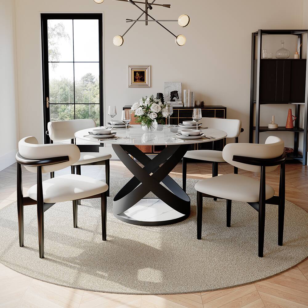 Angle. POVISON - 51" Modern Glossy White Round Dining Table for 4, Sintered Stone Tabletop with Black X Carbon Steel Base - White Glossy Sintered Stone with Black.