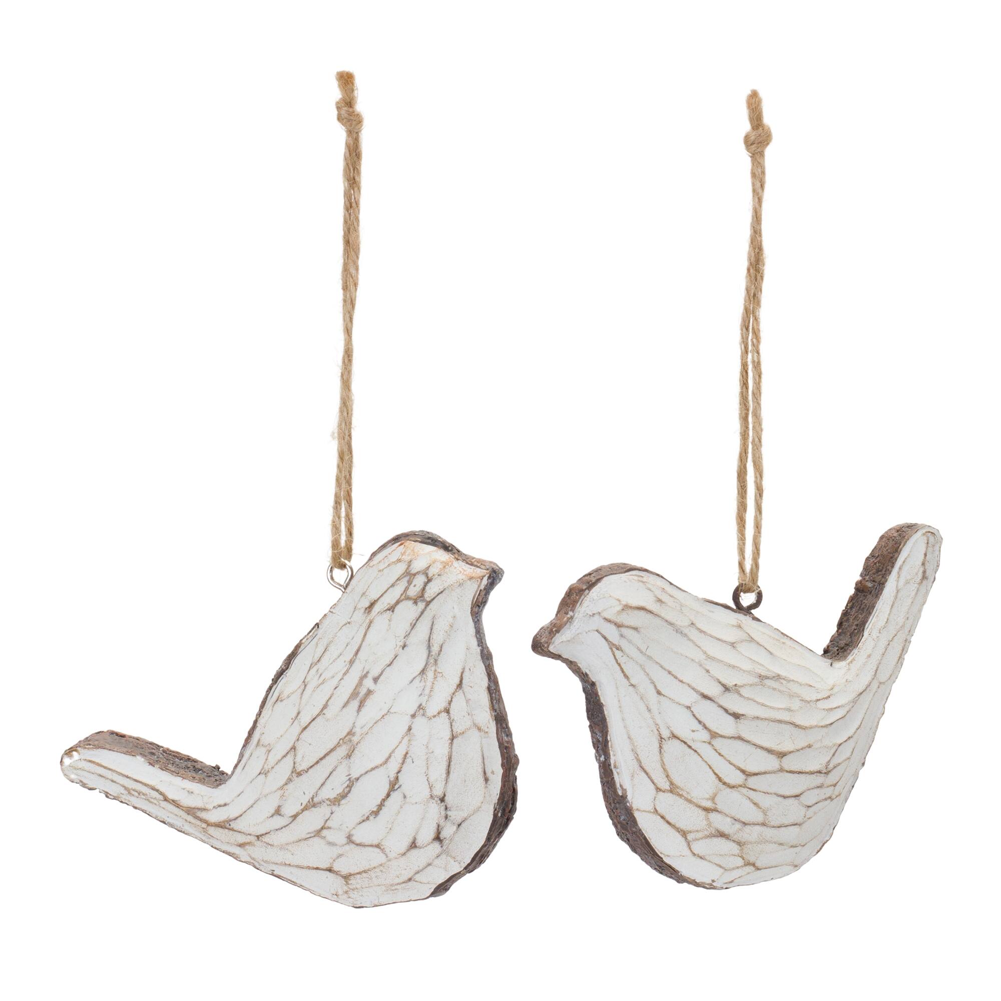 Angle. BreeBe - Carved Bird Ornament (Set of 12) - Cream, Brown.