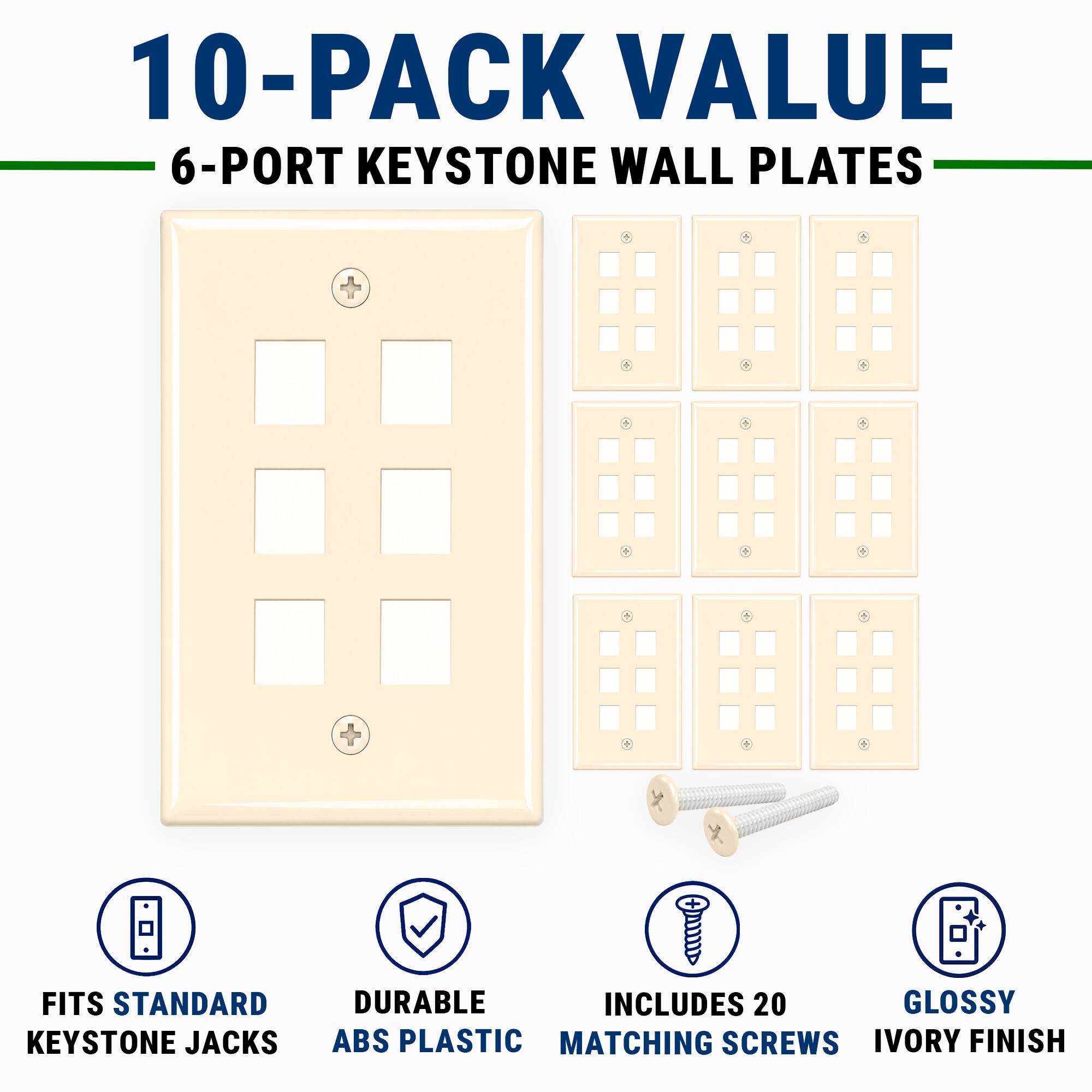 10-Pack Value 6-Port Keystone Wall Plates - Fits Standard Keystone Jacks, Durable, Includes 20 Matching Screws, Glossy Ivory Finish