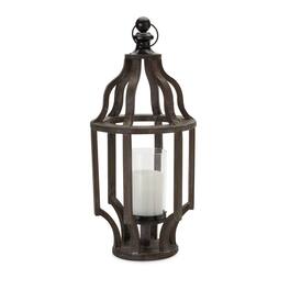 BreeBe - Open Wood Lantern with Glass Hurricane - Brown, Black