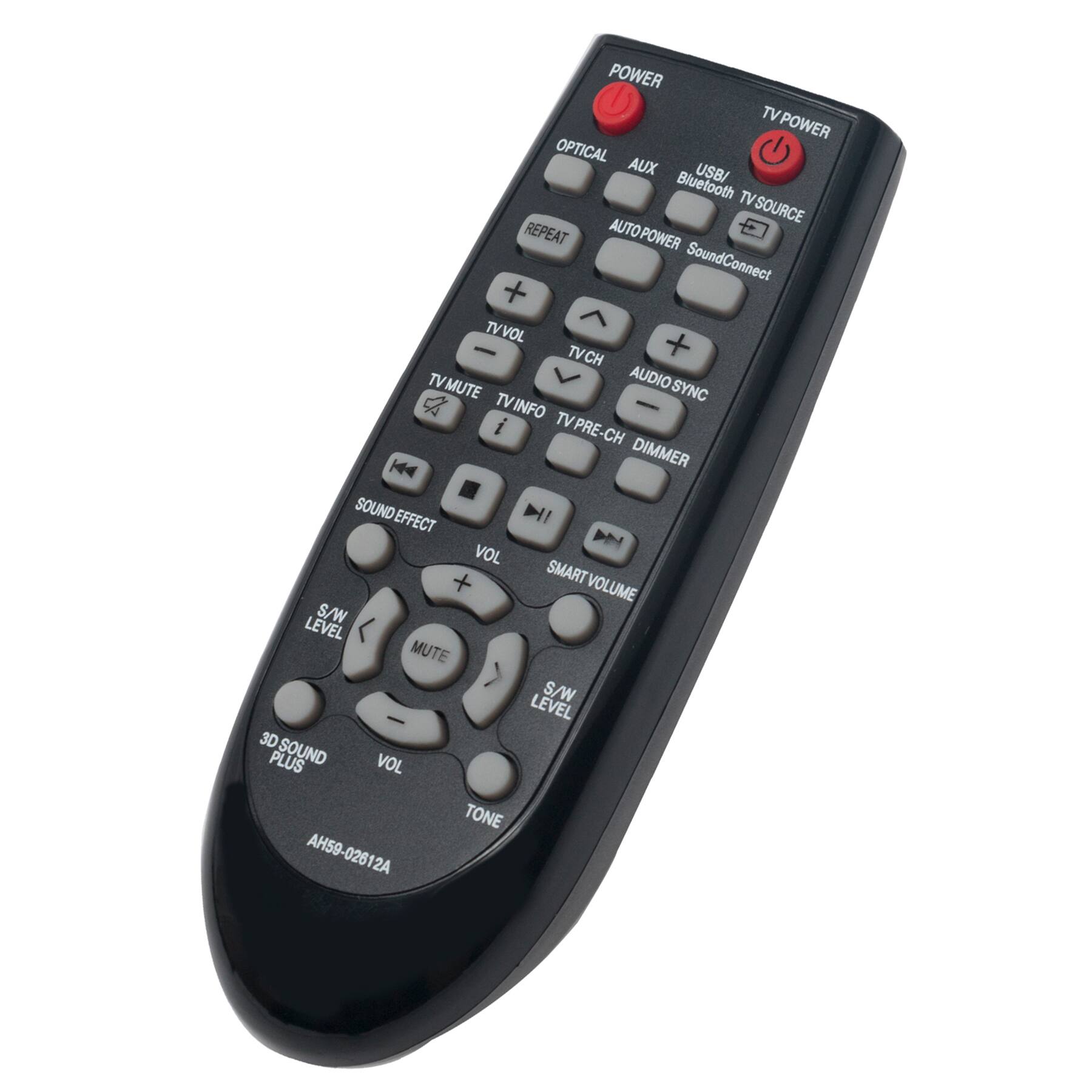 POWER TV POWER OPTICAL AUX USB/ Bluetooth TV SOURCE REPEAT AUTO POWER SoundConnect + TV VOL - TV CH + TV PRE-CH DIMMER TV MUTE TV INFO AUDIO SYNC SYNC TV INFO i TV PRE-CH H44 DIMMER SOUND EFFECT D VOL + SMART VOLUME S/W LEVEL MUTE S/W LEVEL 3D PLUS SOUND VOL TONE AH59-02612A