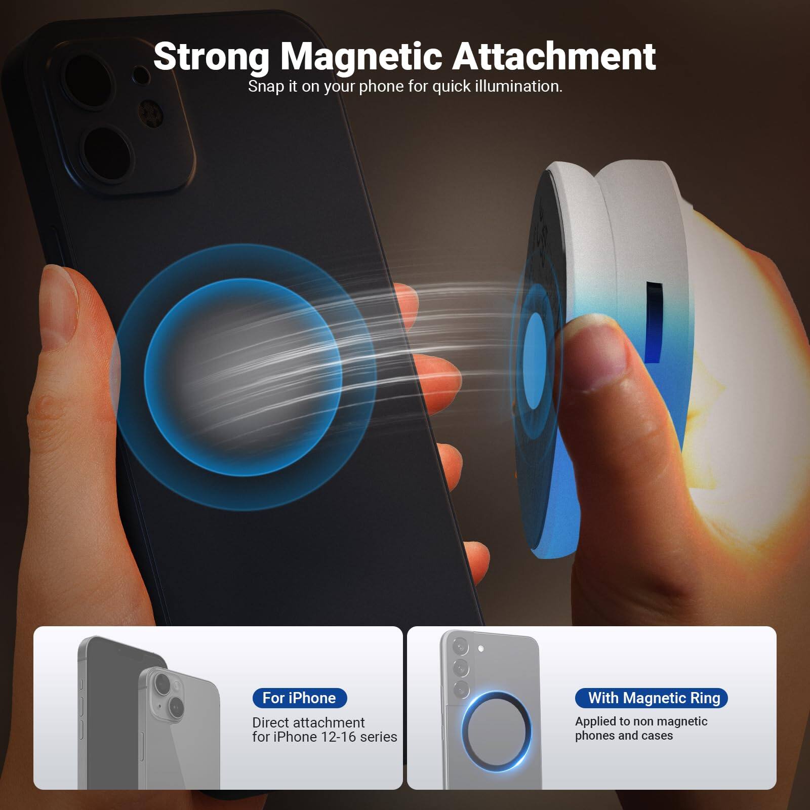 Strong Magnetic Attachment  
Snap it on your phone for quick illumination.  

For iPhone  
Direct attachment for iPhone 12-16 series  

With Magnetic Ring  
Applied to non-magnetic phones and cases