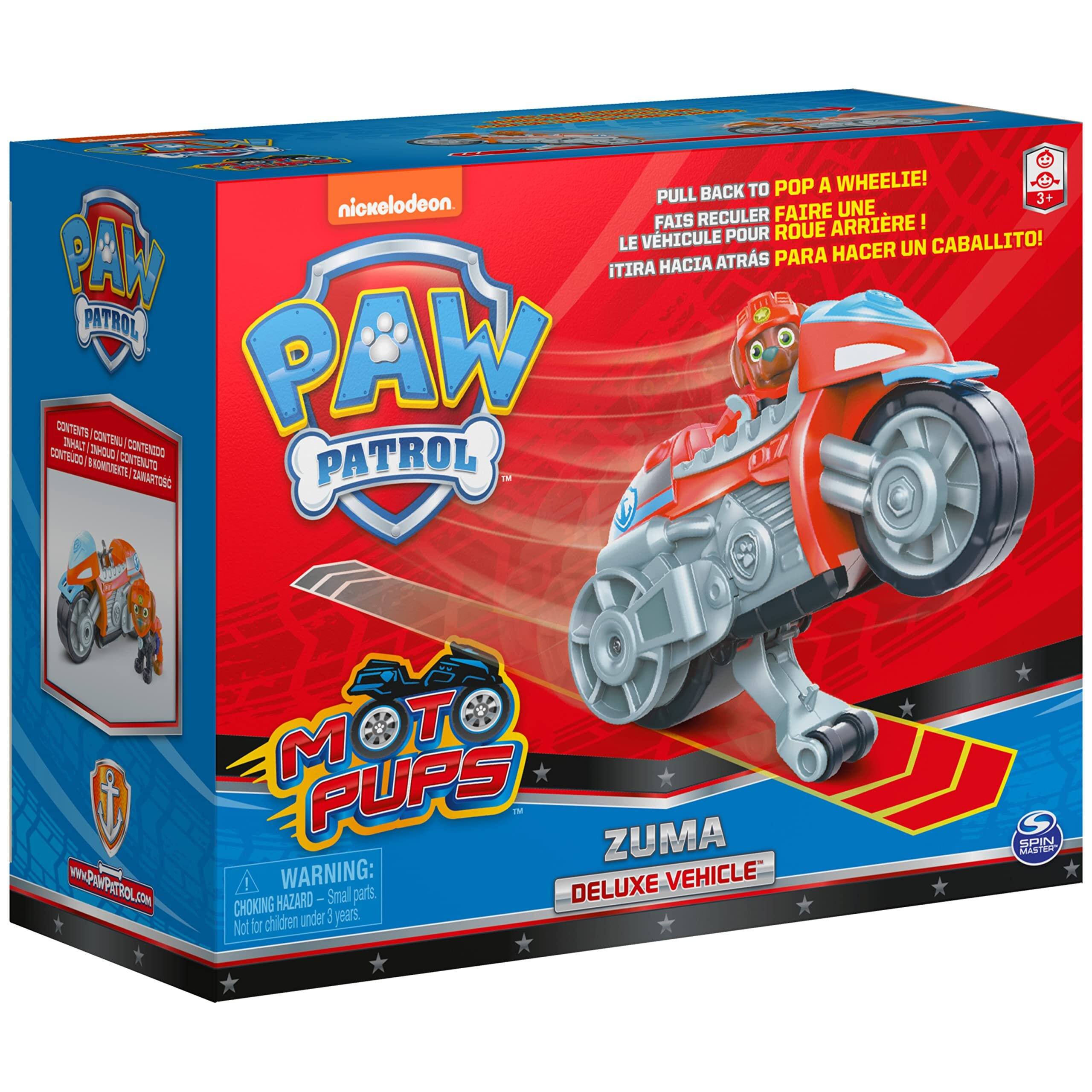BACK TO POP A WHEELIE!  
nickelodeon.  
PULL 3+  
RECULER FAIRE UNE FAIS ARRIERE !  
VHICULE POUR ROUE LE HACER UN CABALLITO!  
PAW HACIA ATRAS PARA ITIRA PATROL CONTENTS PAW DANIT CONTENZ SONTE O CONTENTDO I BNON CONTENUTO  
taaxsroit PATROL  
www.PAMPIOROL.cOM  
MOTO T M PUPS ZUMA !  
WARNING: DELUXE VEHICLE HAZARO - Small parts.  
CHOKING 3 yearst. Not for children under 3 years.