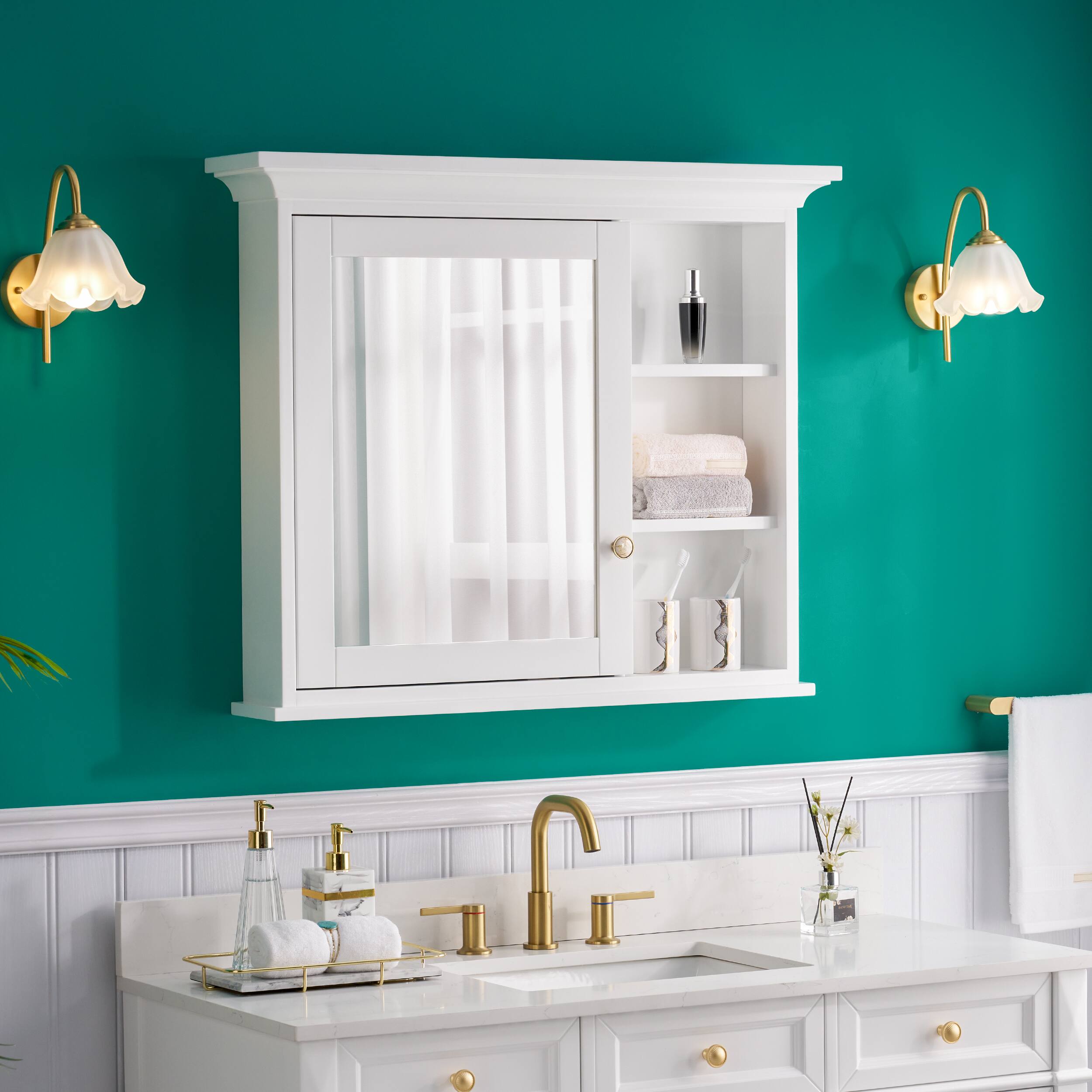Angle. WELLFOR - 36 in. W x 30 in. H Rectangular Solid Wood Medicine Cabinet with Mirror - White.
