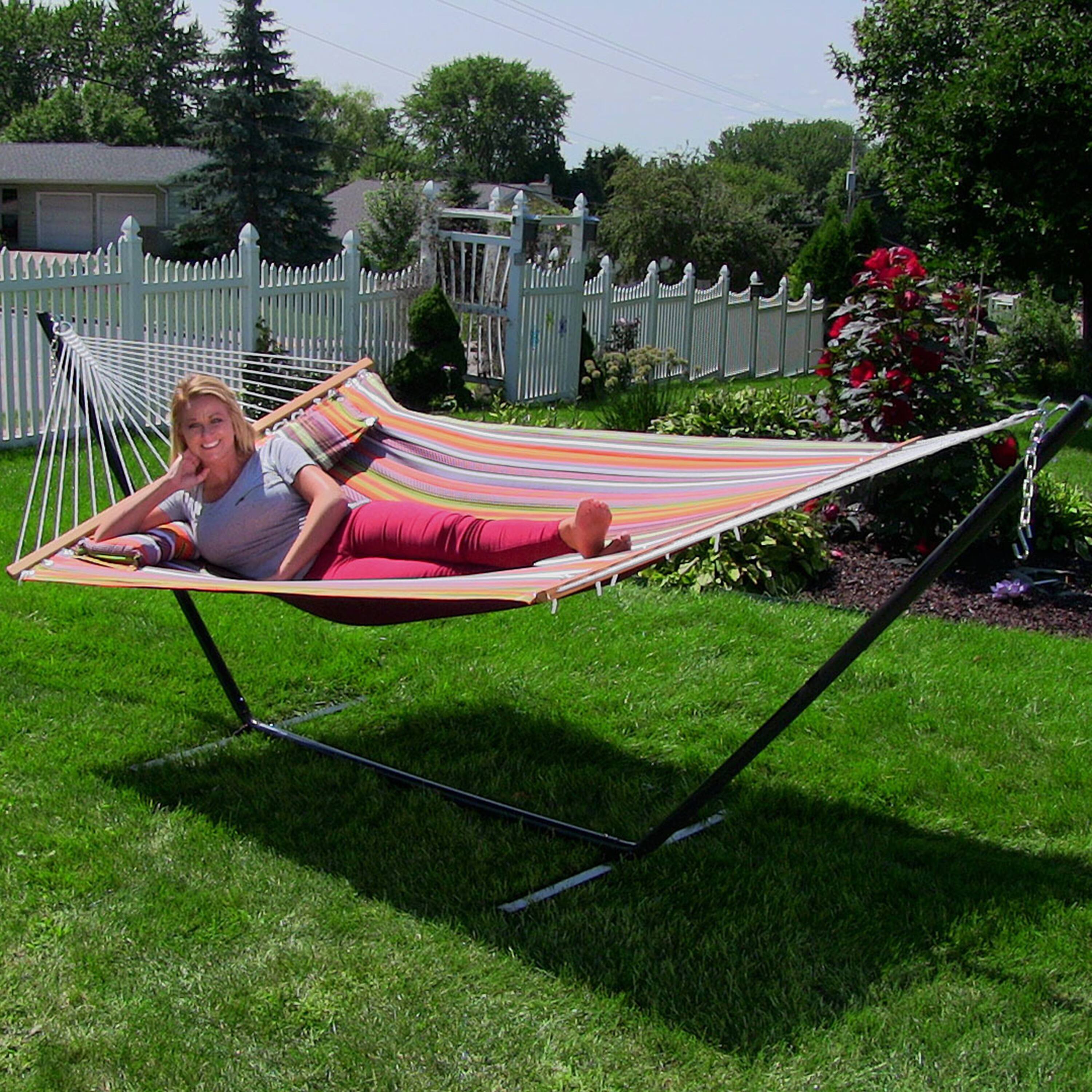 Alt View 2. Sunnydaze - 2-Person Quilted Fabric Hammock with Steel Stand - Canyon Sunset.