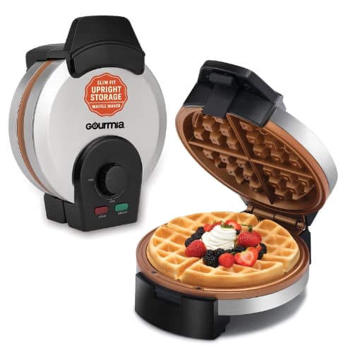 Gourmia - Belgian Waffle Maker with Adjustable Browning, Nonstick Plates, Indicator Lights & Compact Upright Storage - Stainless Steel