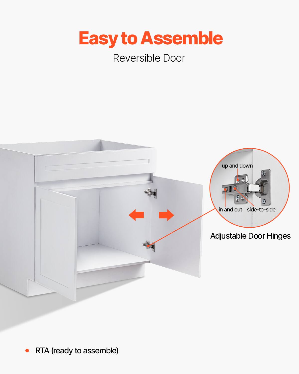 Easy to Assemble  
Reversible Door  

Adjustable Door Hinges  
- up and down  
- in and out  
- side-to-side  

RTA (ready to assemble)
