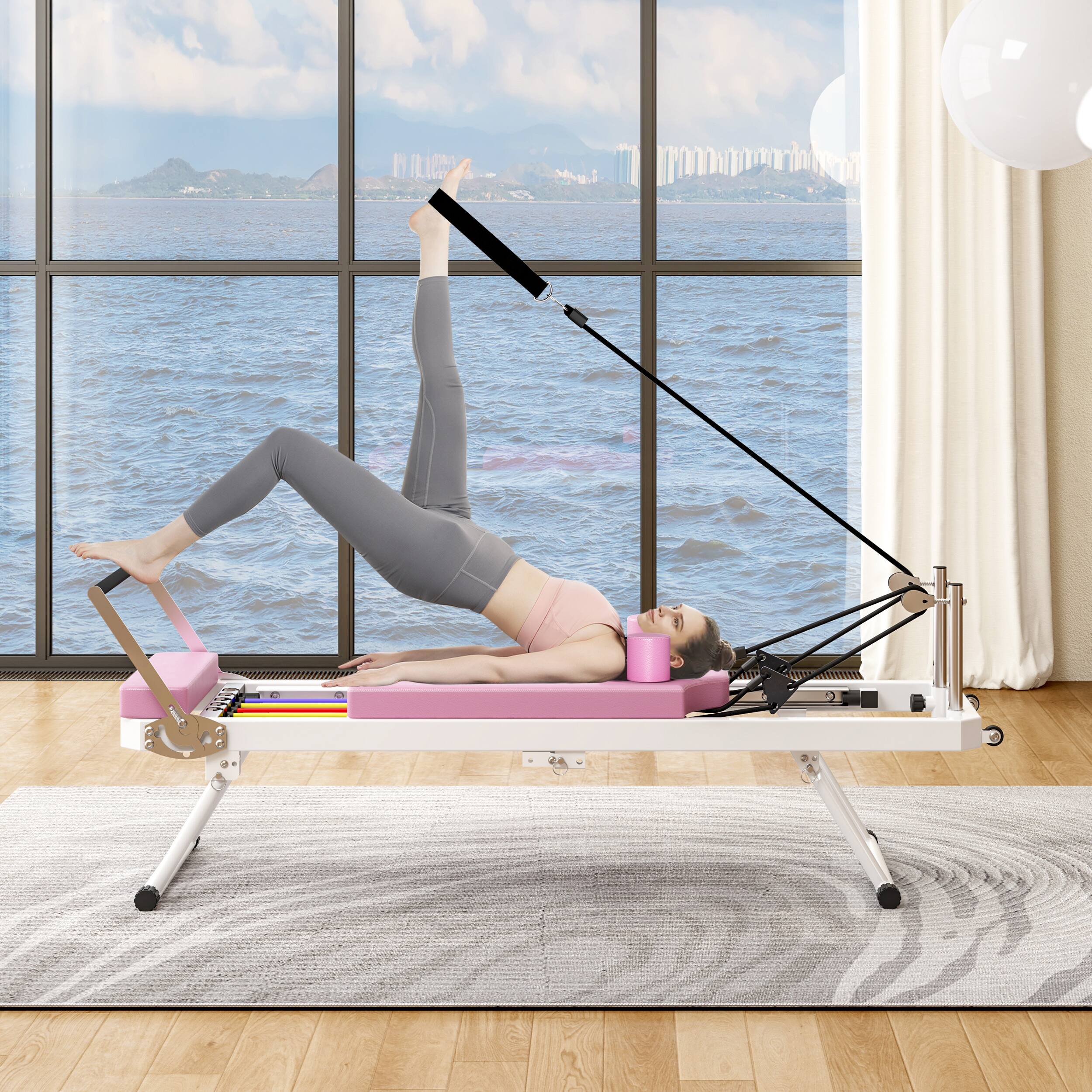Alt View 5. PexFix - Foldable Pilates Reformer Machine with Double Resistance for Home Gym - Pink.