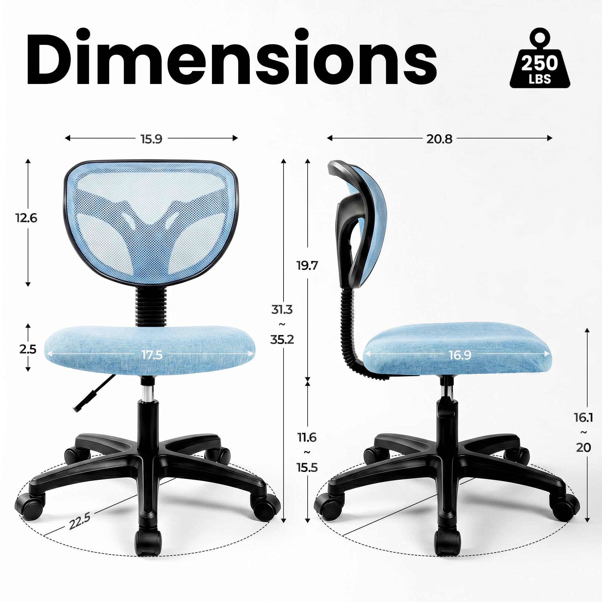 Dimensions  
250 LBS

15.9  
20.8  
12.6  
19.7  
31.3  
~  
2.5  
17.5  
35.2  
16.9  
X  
16.1  
11.6  
~  
~ 20  
15.5  
22.5