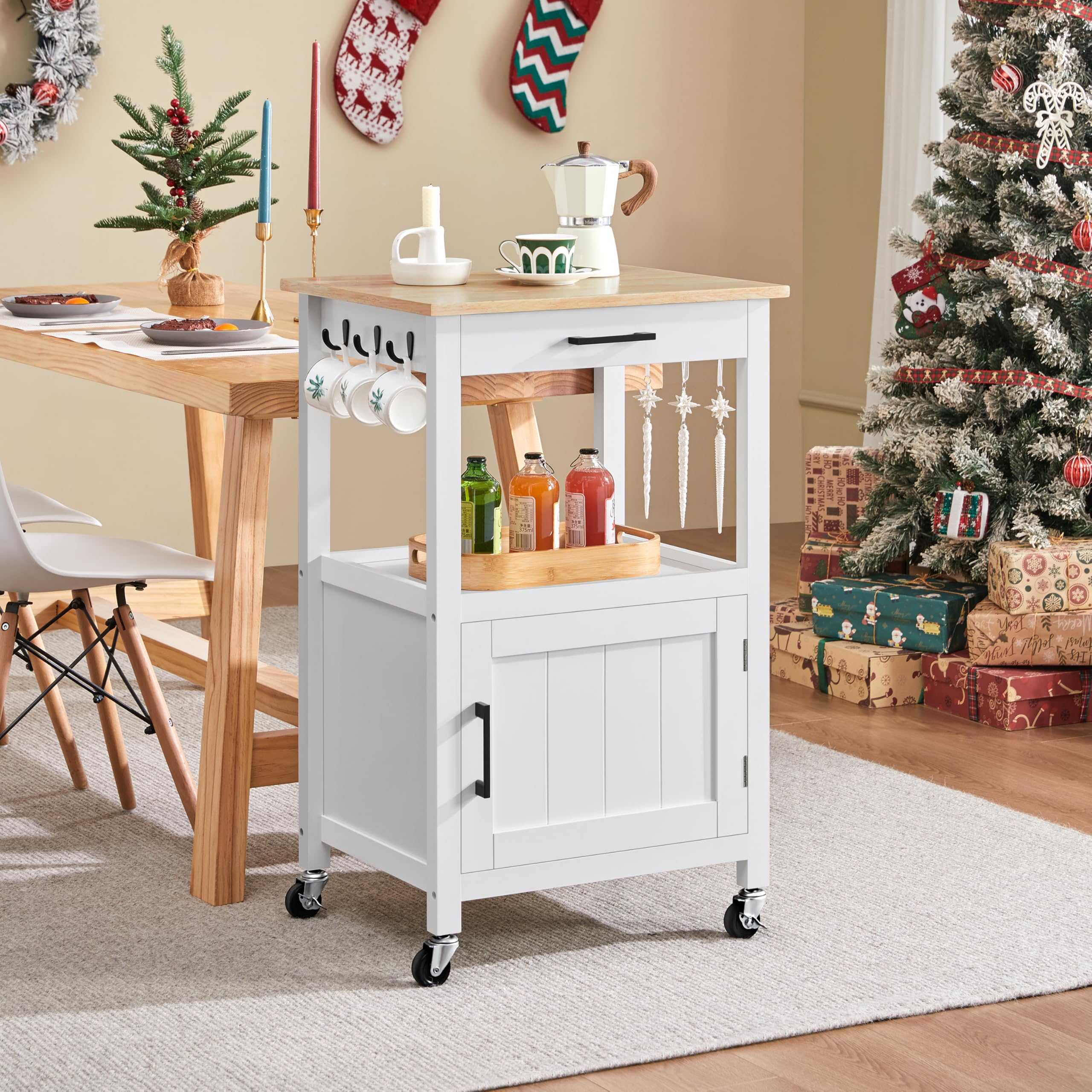 Left. JETRANSPORT - Rolling Kitchen Island With Single Door Cabinet Cart Drawer On Swivel Wheels Small Coffee Microwave - White.