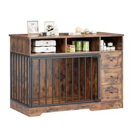 Acekool - 48 Inch Dog Crate Furniture, Wooden Kennel Table with Bowl & Storage Drawers - Brown