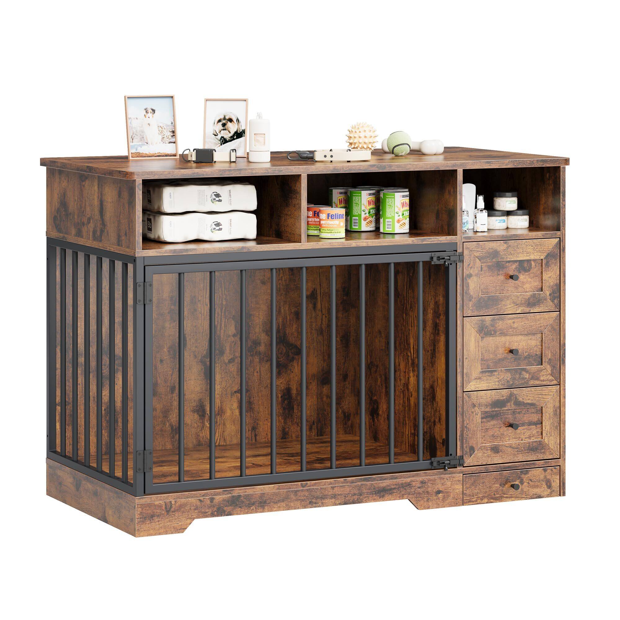 Front. Acekool - 48 Inch Dog Crate Furniture, Wooden Kennel Table with Bowl & Storage Drawers - Brown.
