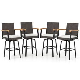 Gymax - 4 PCS Outdoor Rattan 360 degree Swivel Bar Stool w/ Removable Cushion Footrests - White