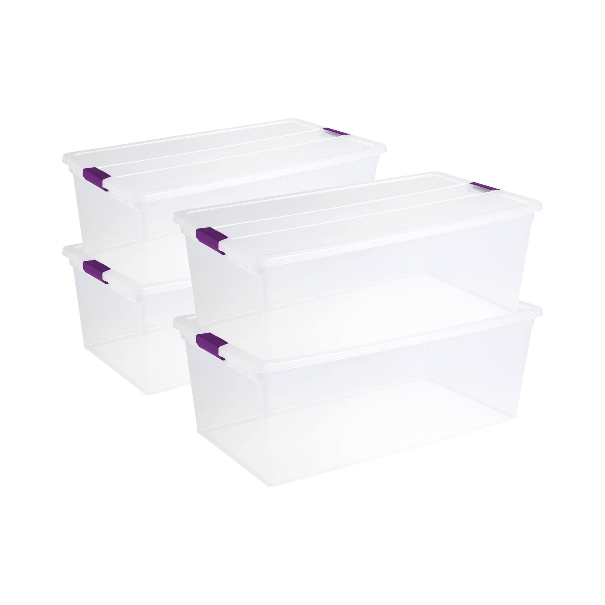 Front. Sterilite - Sterilite 110 Qt ClearView Latch Storage Box, Stackable Bin w/ Latch Lid, 4-Pack - Clear, Purple.
