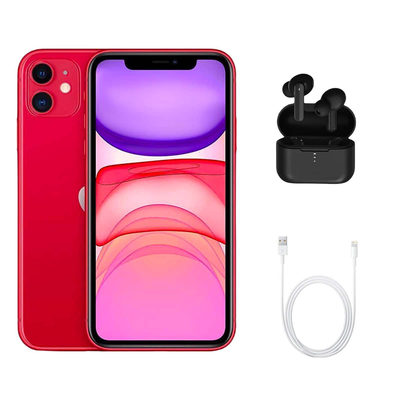Front. Apple - iPhone 11 A2111 (Fully Unlocked) 64GB w/ Wireless Earbuds - Red.