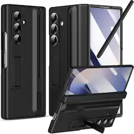 Dteck - Rugged Case For Samsung Galaxy Z Fold6 Shockproof Full Body Built-in Screen Protector Hinge Cover Fold Kickstand+Stylus - Black