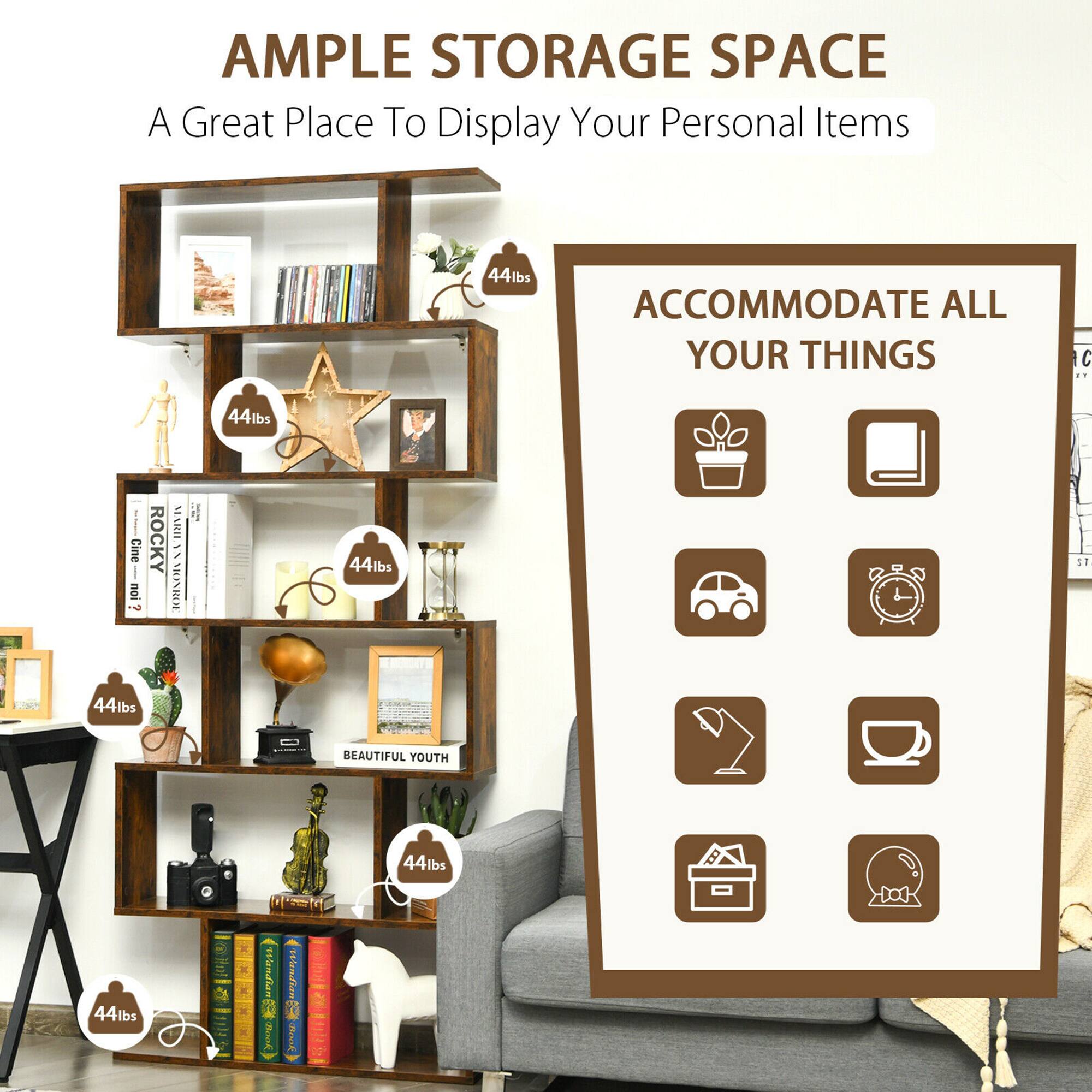 Costway 6 Tier S Shaped Bookshelf Storage Display Bookcase